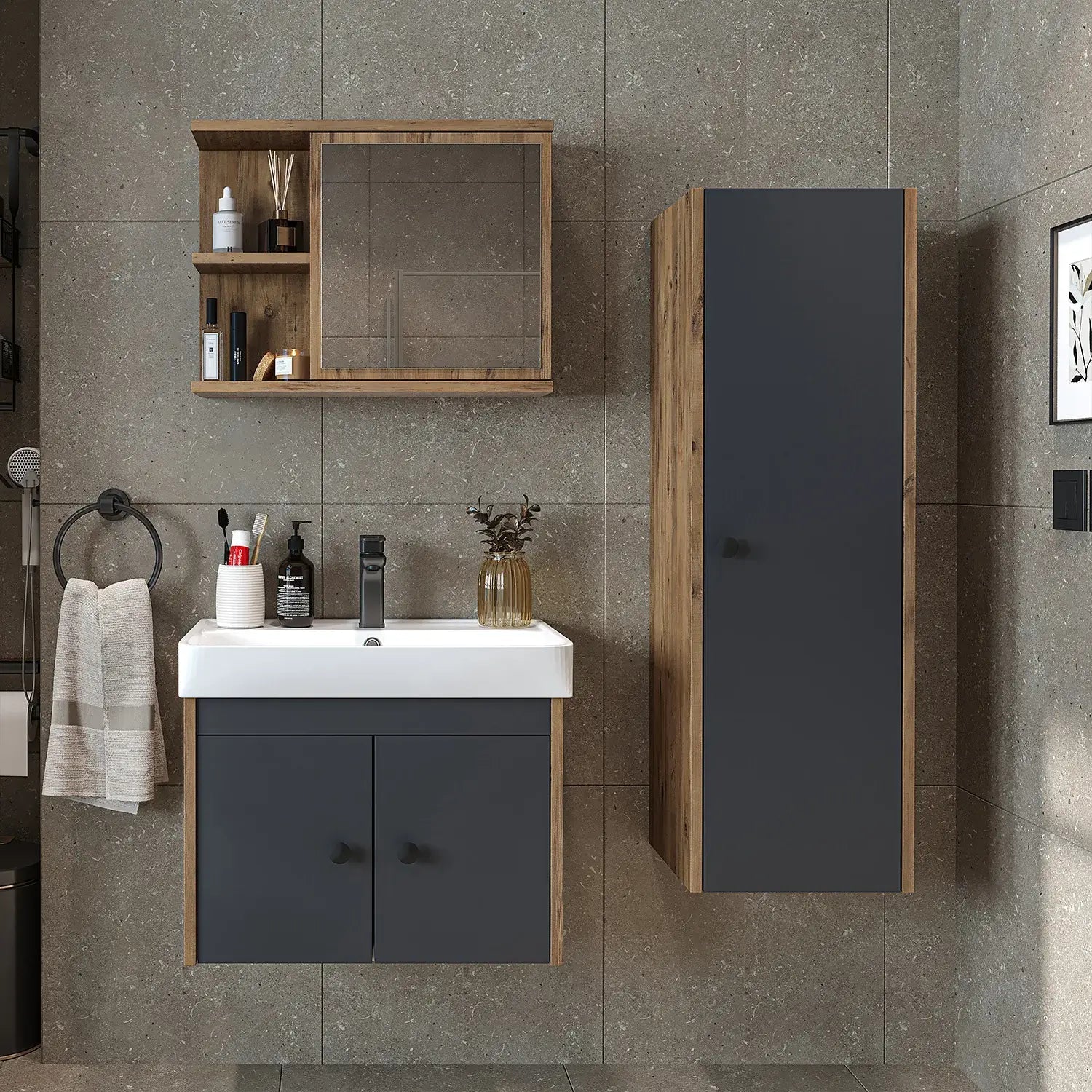 Lavabolu Banyo Dolabı 3lü Set - Ada - Roomartbanyo dolabı2871