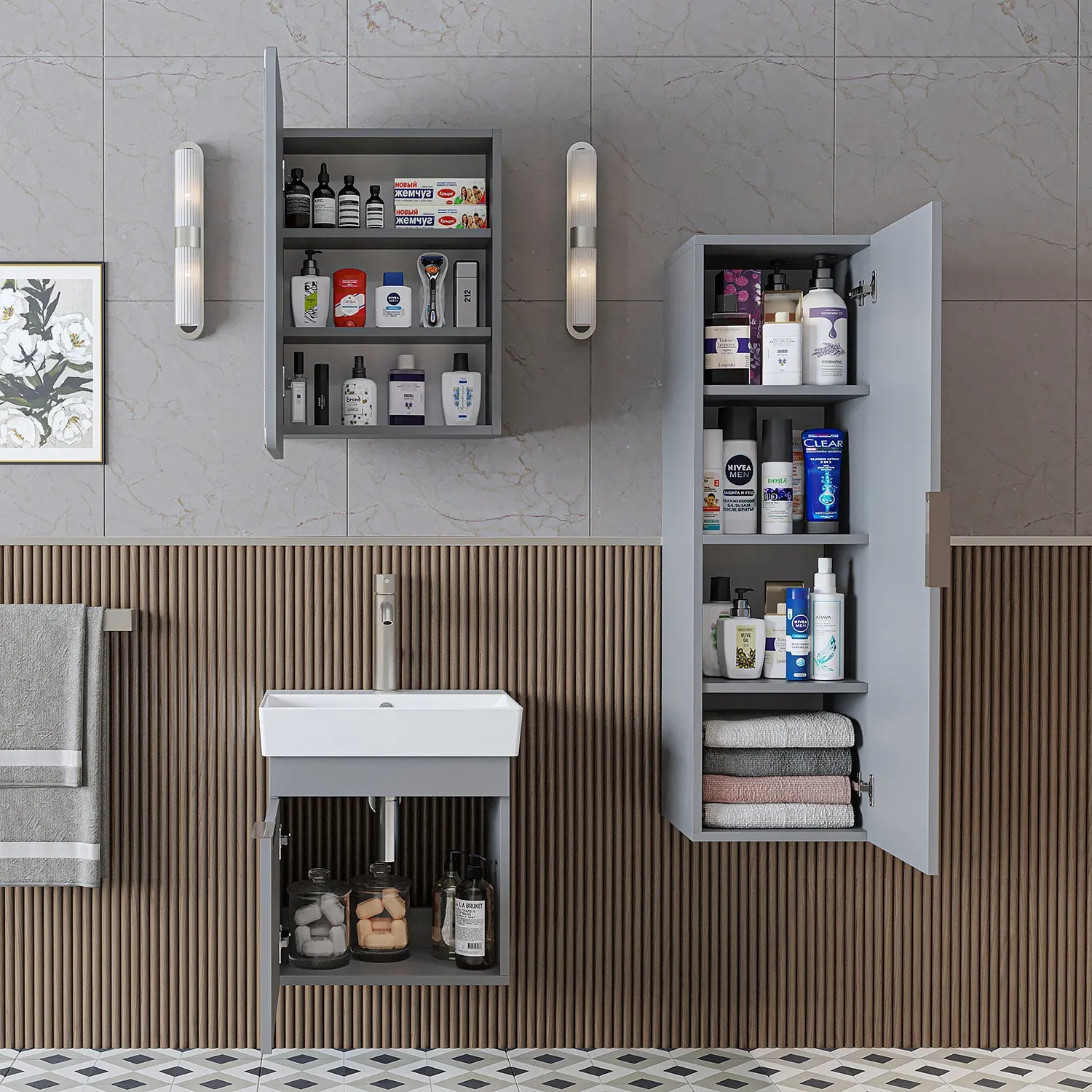 Lavabolu Banyo Dolabı 3lü Set - Likya - Roomartbanyo dolabı2931