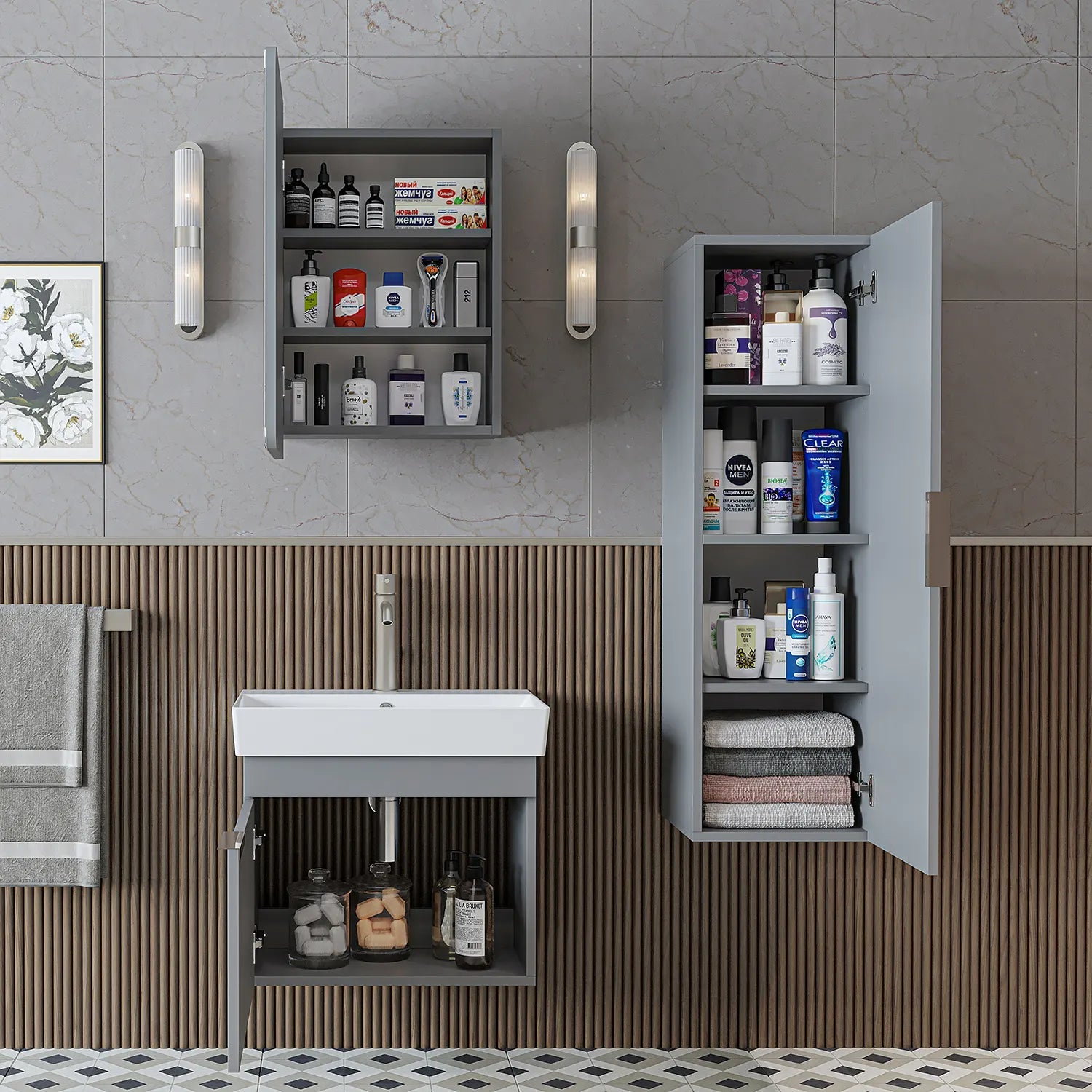 Lavabolu Banyo Dolabı 3lü Set - Likya - Roomartbanyo dolabı2932
