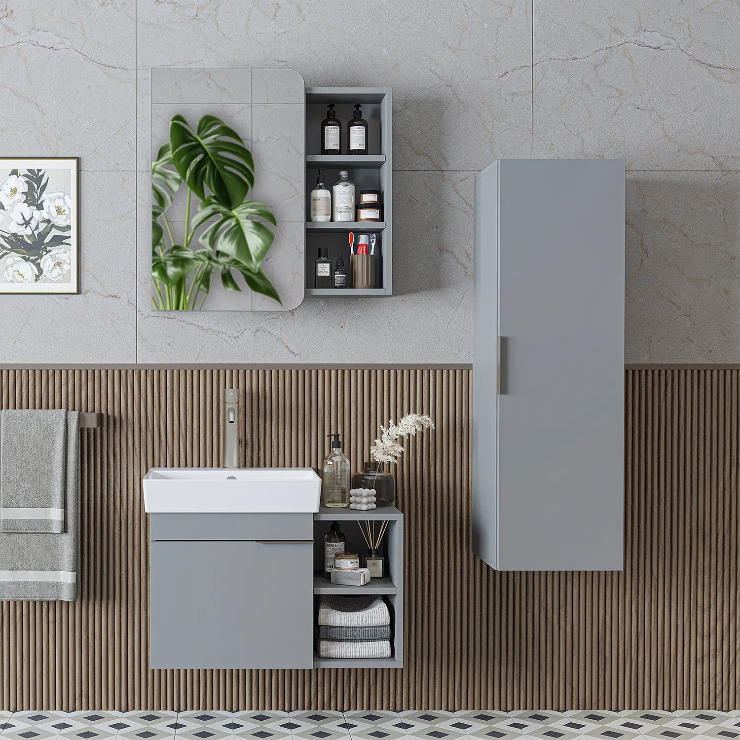 Lavabolu Banyo Dolabı 3lü Set - Likya - Roomartbanyo dolabı2933
