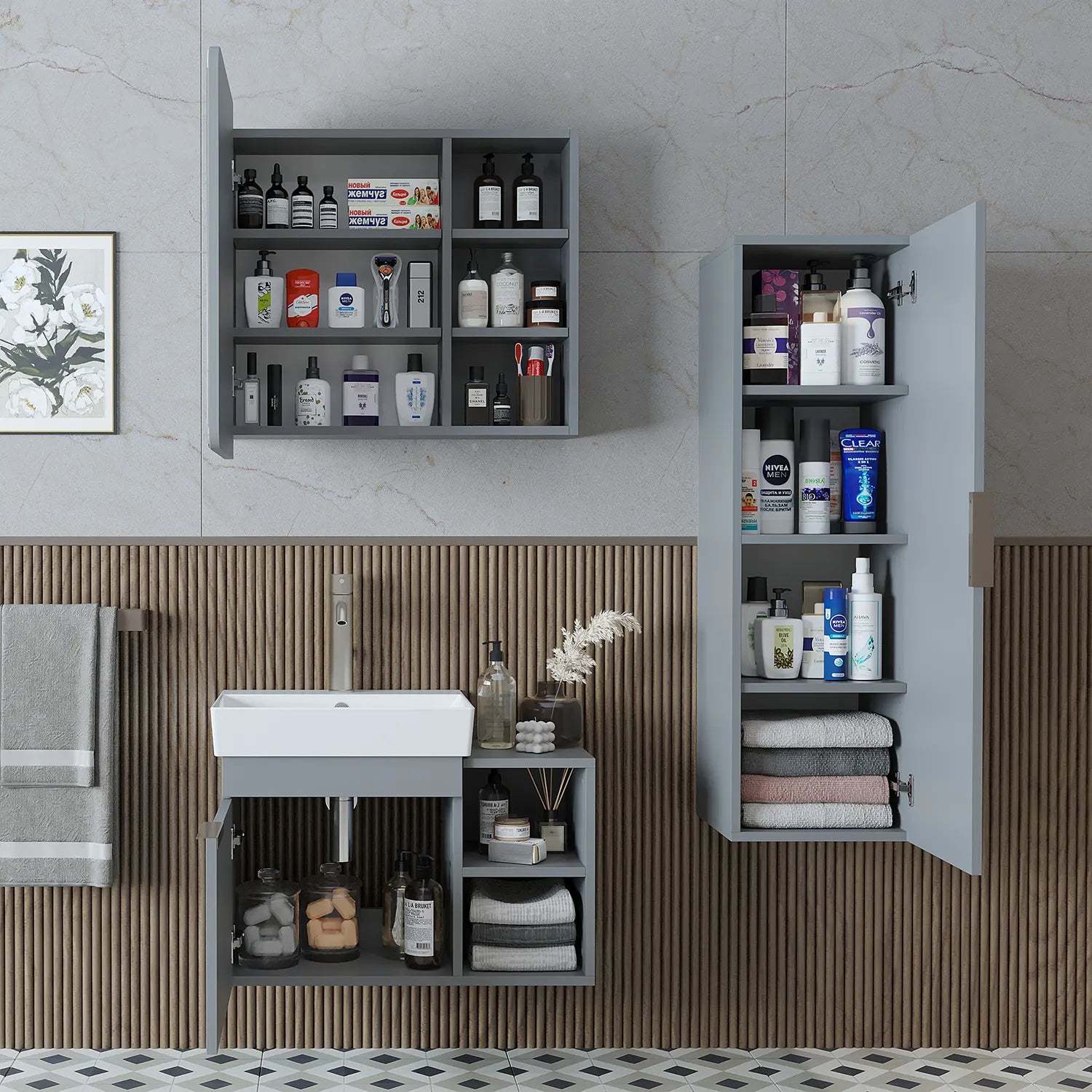 Lavabolu Banyo Dolabı 3lü Set - Likya - Roomartbanyo dolabı2933