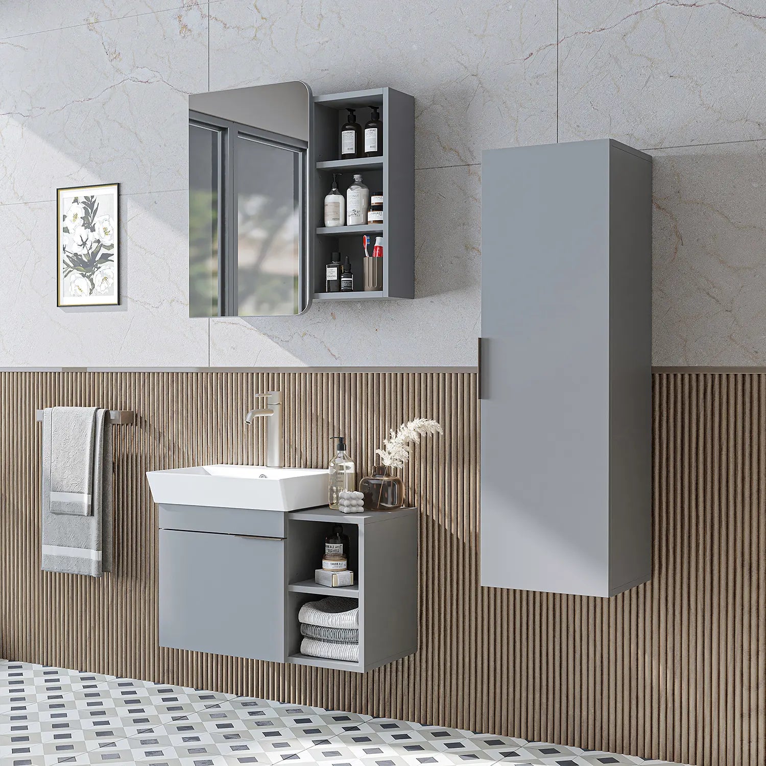 Lavabolu Banyo Dolabı 3lü Set - Likya - Roomartbanyo dolabı2933