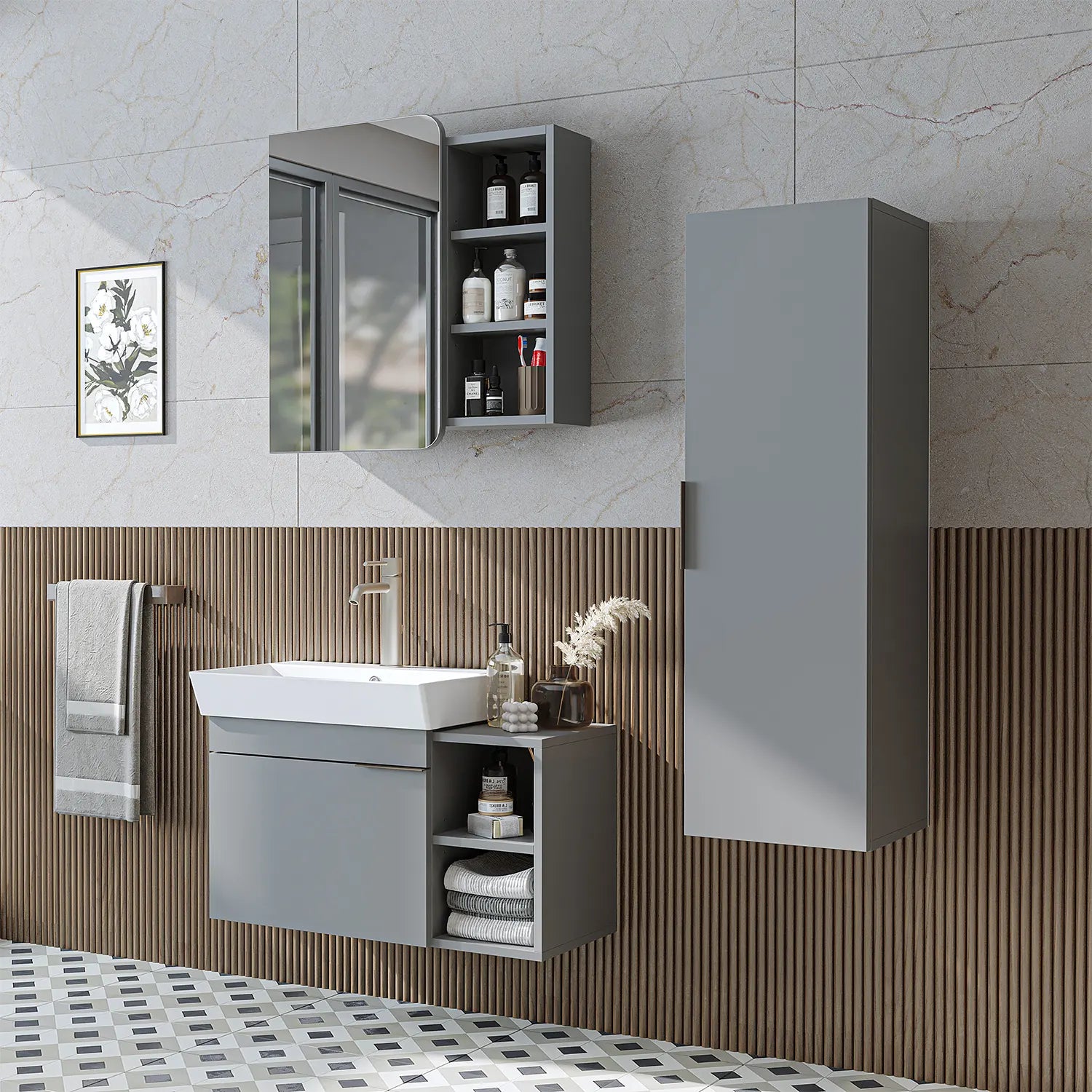 Lavabolu Banyo Dolabı 3lü Set - Likya - Roomartbanyo dolabı2934