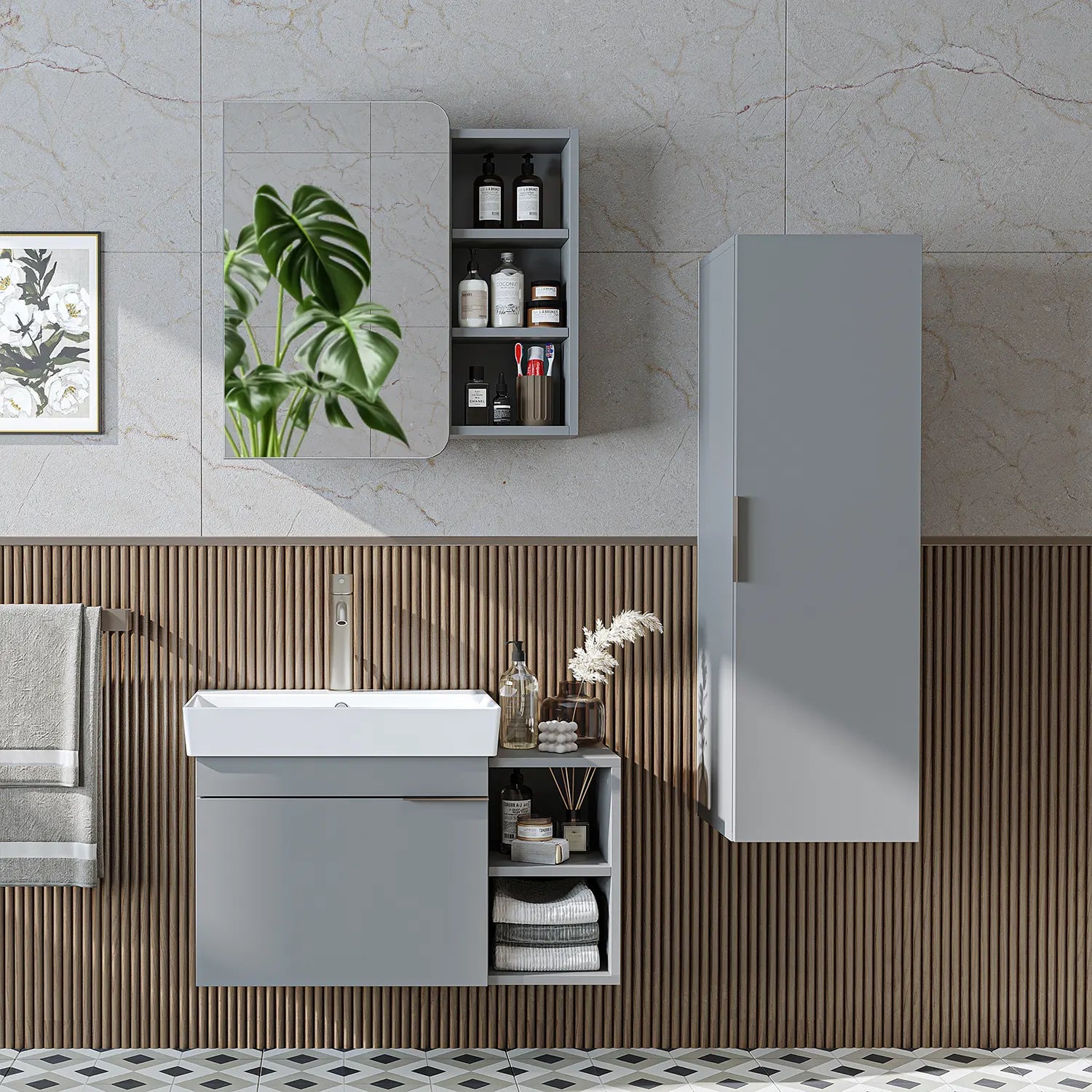 Lavabolu Banyo Dolabı 3lü Set - Likya - Roomartbanyo dolabı2934