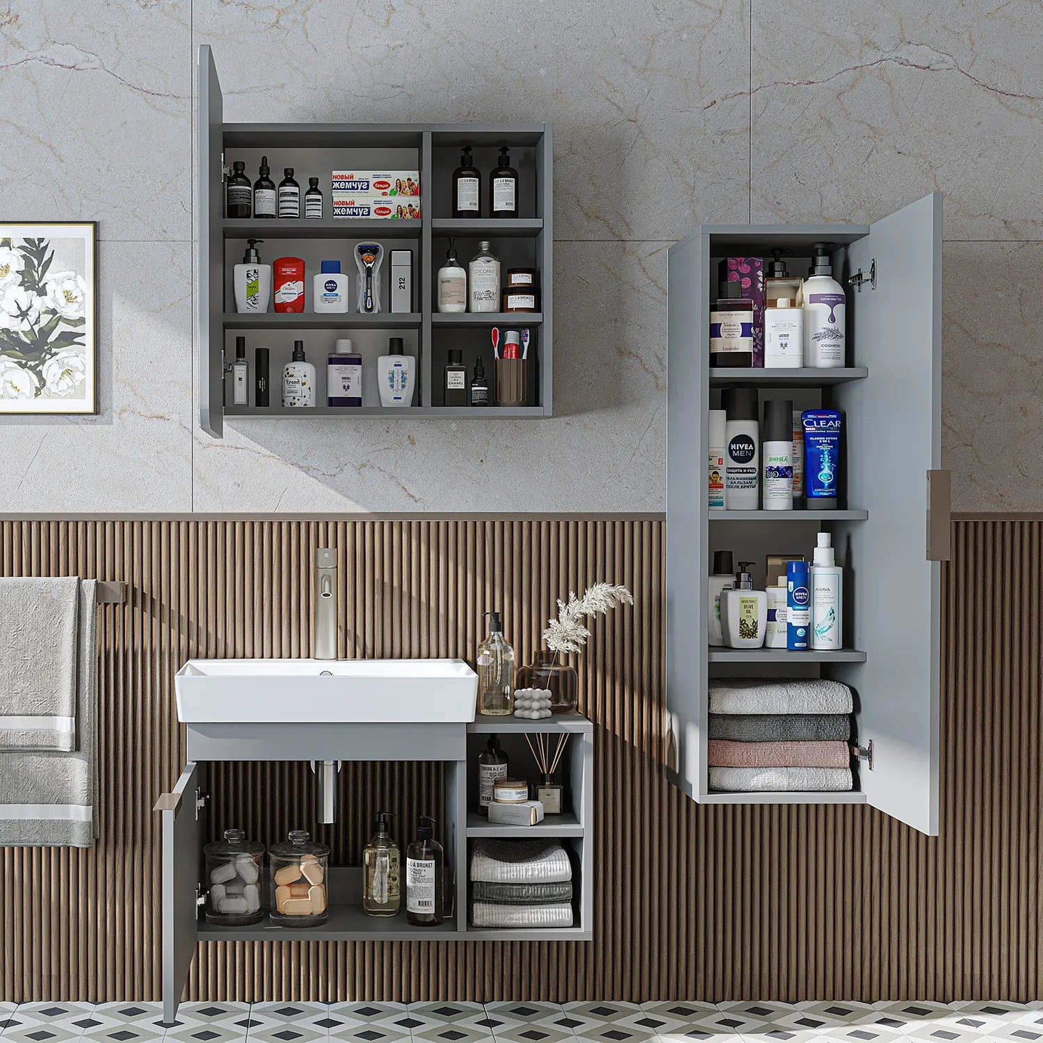 Lavabolu Banyo Dolabı 3lü Set - Likya - Roomartbanyo dolabı2934