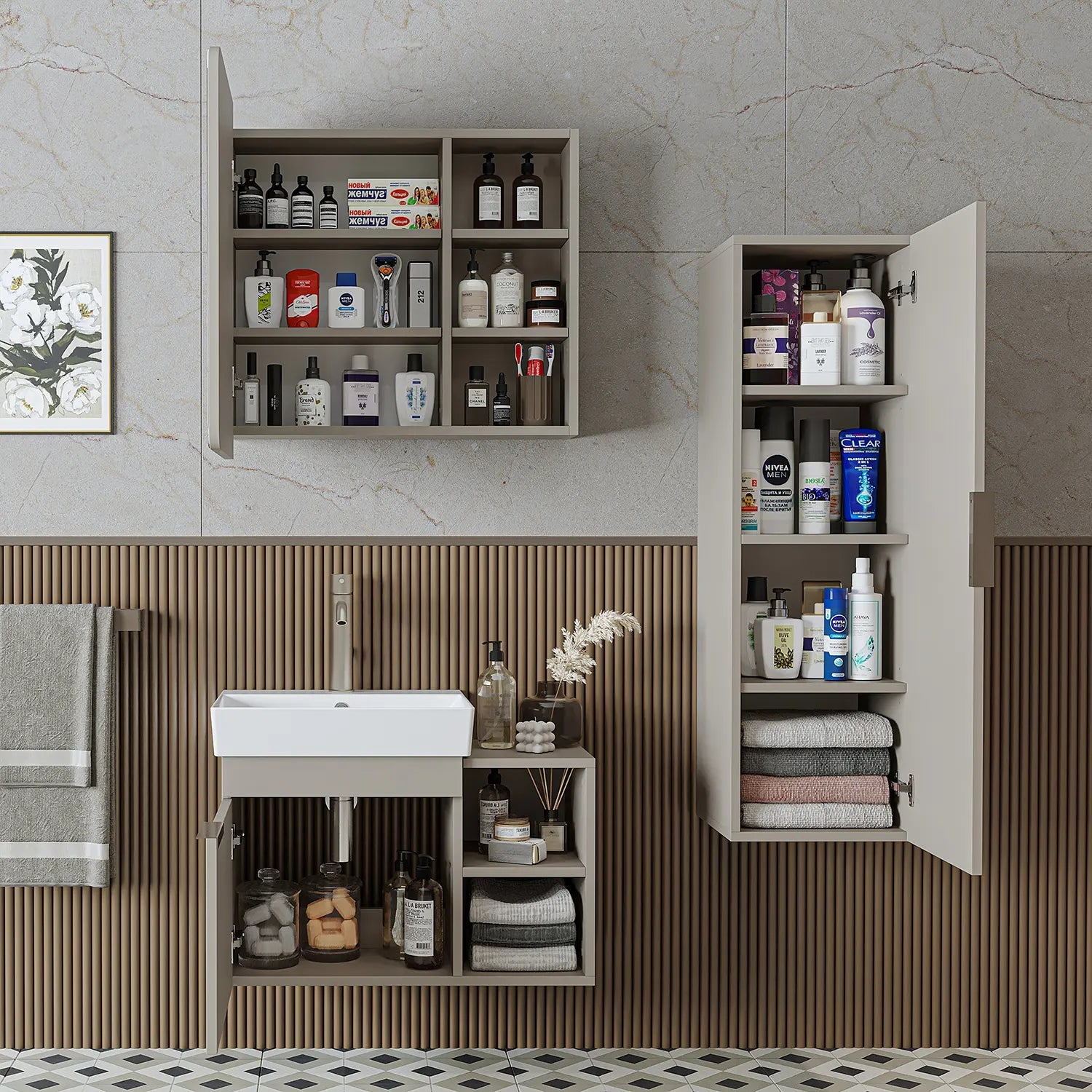 Lavabolu Banyo Dolabı 3lü Set - Likya - Roomartbanyo dolabı2941