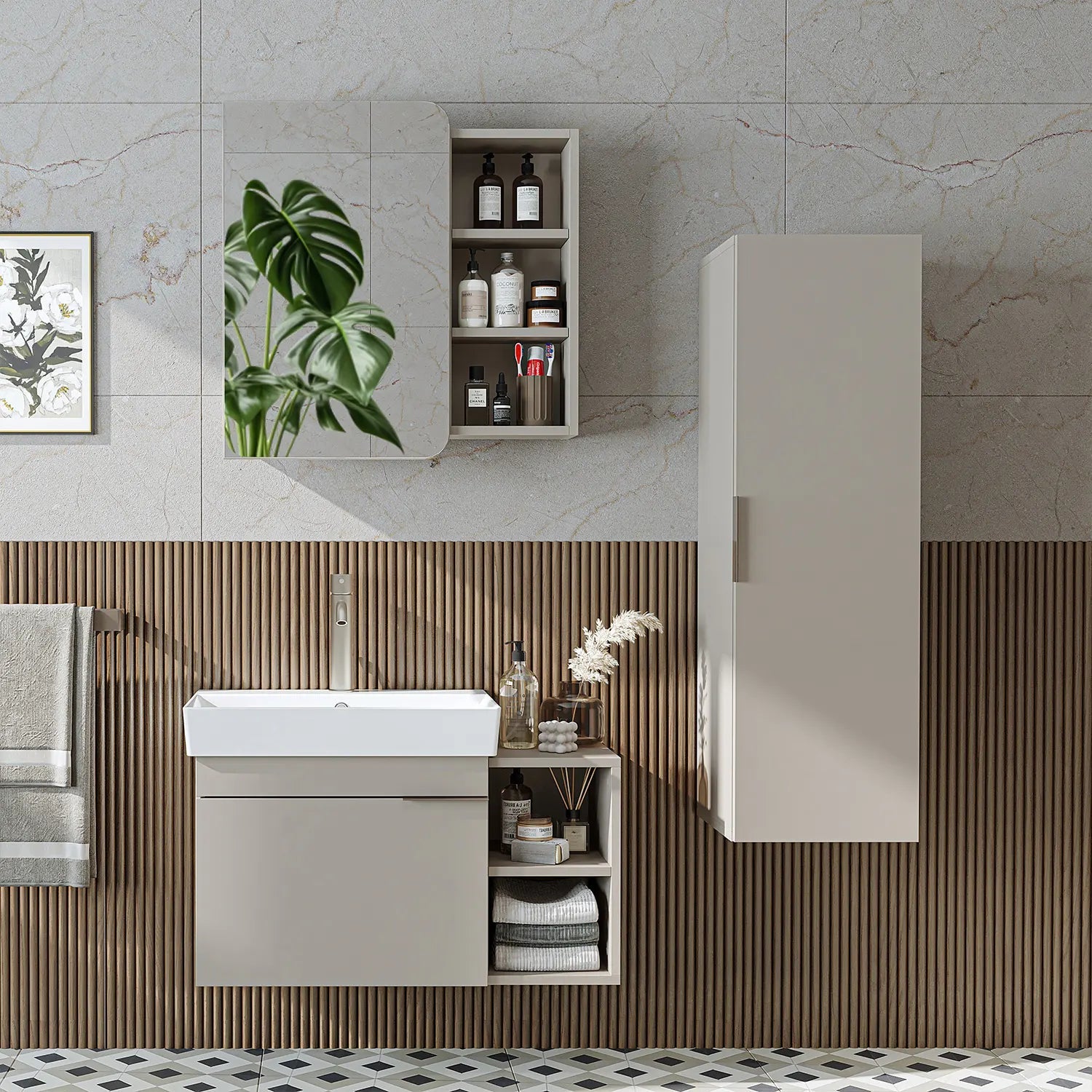 Lavabolu Banyo Dolabı 3lü Set - Likya - Roomartbanyo dolabı2942
