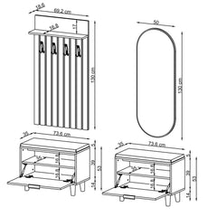 Nord Vestiyer Takımı Lambri Askılıklı, 2 adet Kapaklı Bench, Modüler, Oval Aynalı Portmanto Takımı