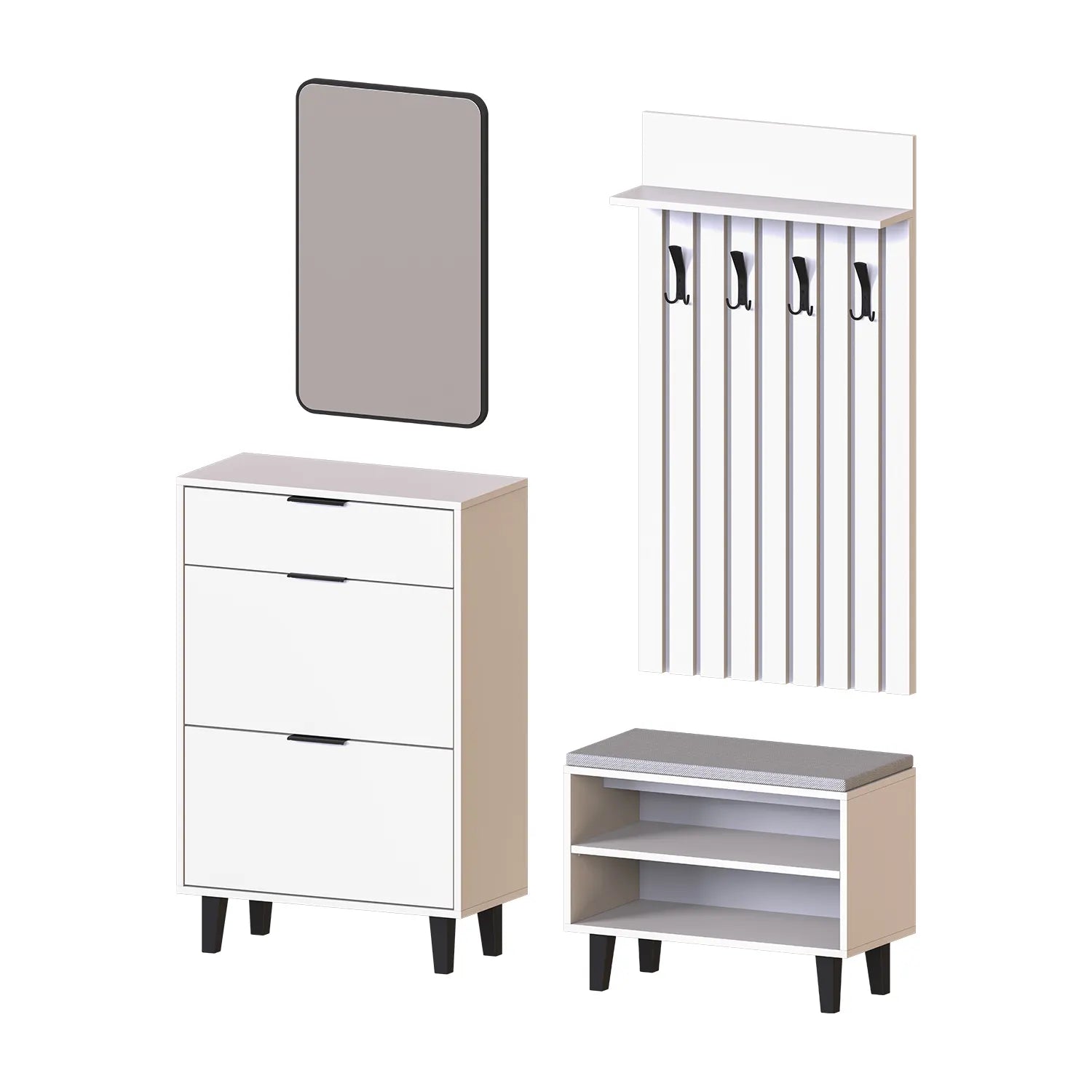 Roomart Nord beyaz lambri askılıklı kapaksız çekmeceli benchli ve aynalı modüler vestiyer takımı,
Nord ahşap lambri panelli duvara monte duvar askılığı vestiyer,
Oturmalı kapaksız bench ayakkabılık ünitesi antre mobilyası,
Dikdörtgen oval tasarımlı duvara asılabilir portmanto aynası dekupe görseli