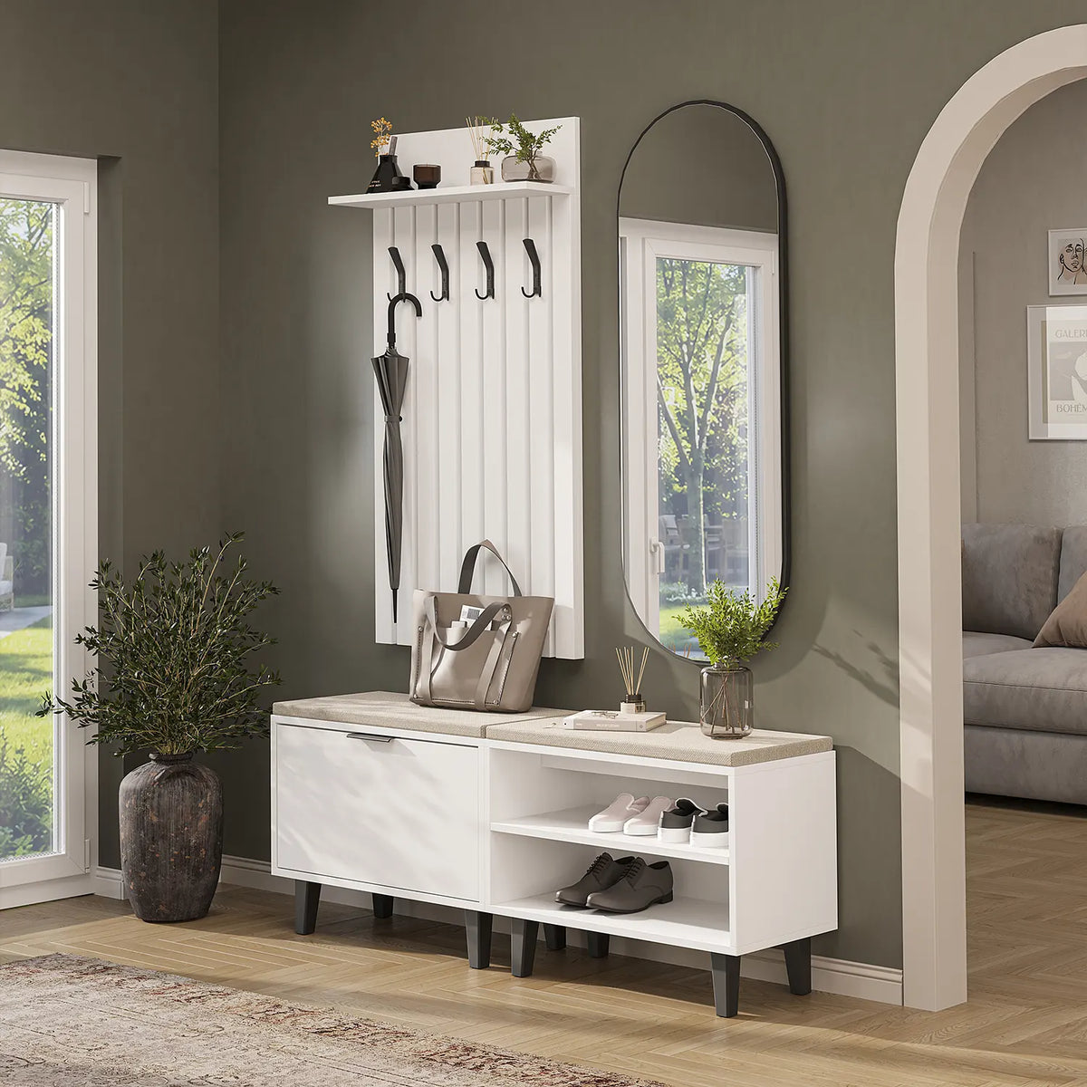 Nord Vestiyer Takımı Kapaklı ve Kapaksız Bench,Lambri Askılıklı, Modüler, Oval Aynalı Portmanto Takımı
