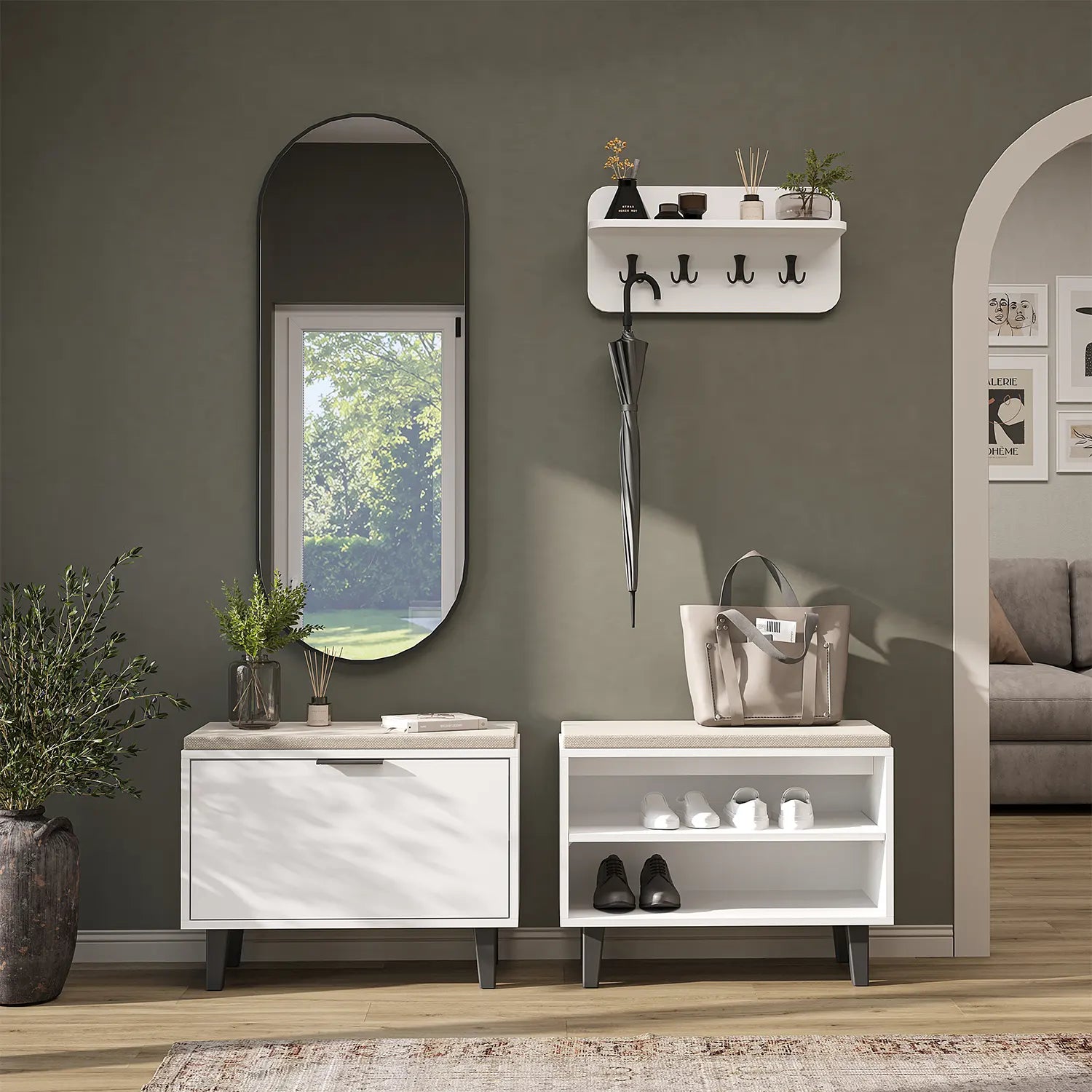 Roomart Nord beyaz askılıklı  kapaklı kapaksız benchli ve aynalı modüler vestiyer takımı,
Nord ahşap lambri panelli duvara monte duvar askılığı vestiyer,
Oturmalı kapaksız bench ayakkabılık ünitesi antre mobilyası,
Dikdörtgen oval tasarımlı duvara asılabilir portmanto aynası