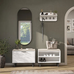 Roomart Nord beyaz askılıklı  kapaklı kapaksız benchli ve aynalı modüler vestiyer takımı,
Nord ahşap lambri panelli duvara monte duvar askılığı vestiyer,
Oturmalı kapaksız bench ayakkabılık ünitesi antre mobilyası,
Dikdörtgen oval tasarımlı duvara asılabilir portmanto aynası
