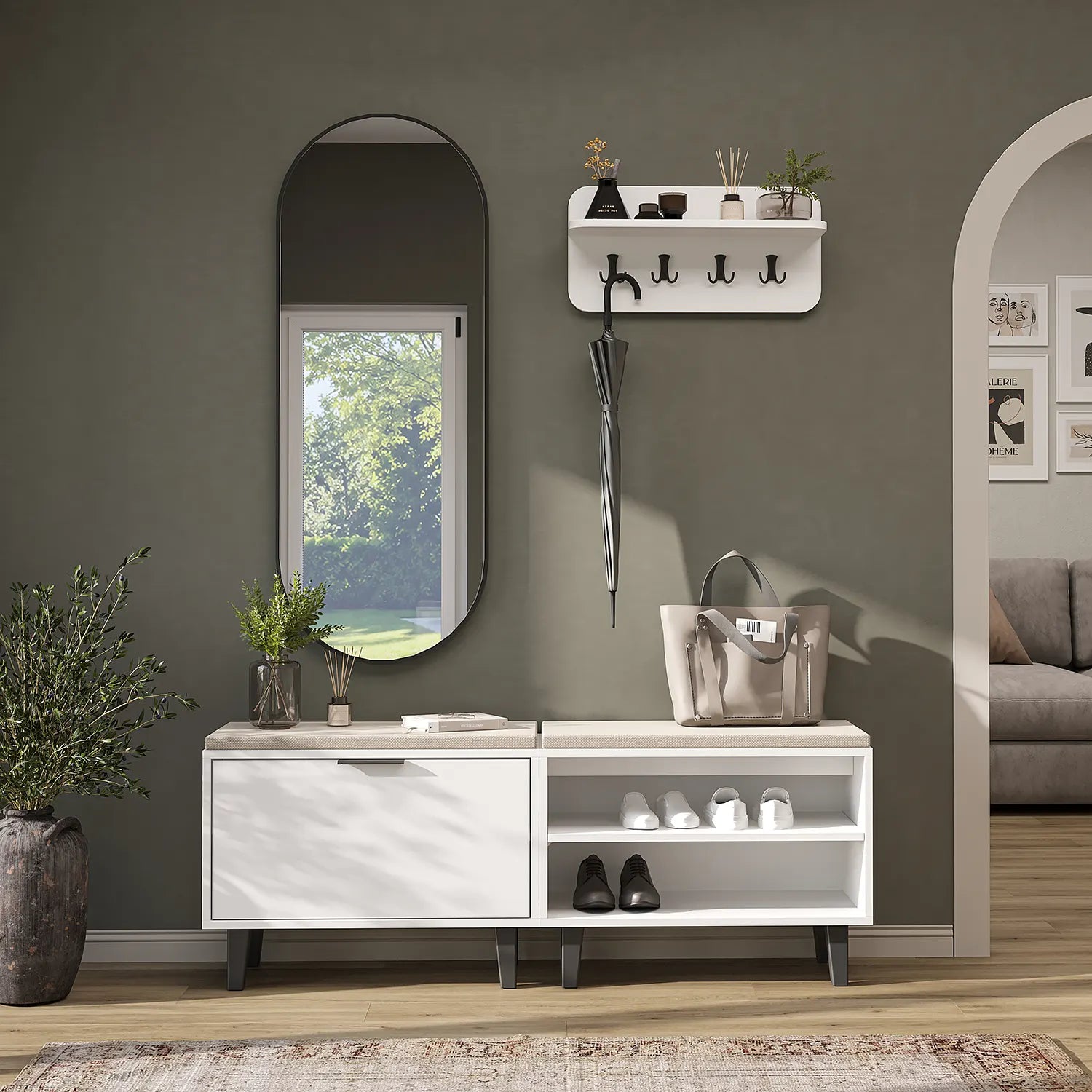Roomart Nord beyaz askılıklı  kapaklı kapaksız benchli ve aynalı modüler vestiyer takımı,
Nord ahşap lambri panelli duvara monte duvar askılığı vestiyer,
Oturmalı kapaksız bench ayakkabılık ünitesi antre mobilyası,
Dikdörtgen oval tasarımlı duvara asılabilir portmanto aynası