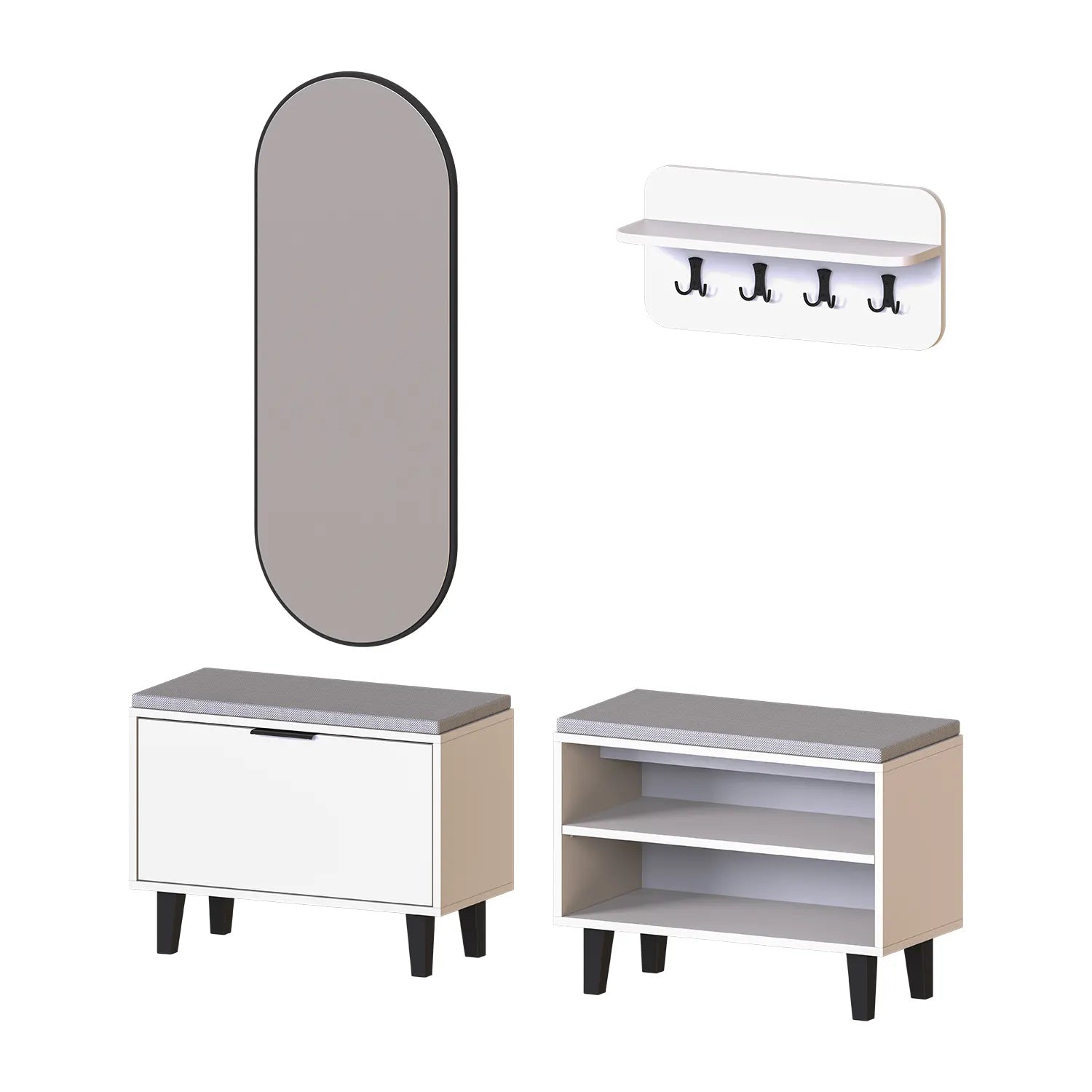 Roomart Nord beyaz askılıklı  kapaklı kapaksız benchli ve aynalı modüler vestiyer takımı,
Nord ahşap lambri panelli duvara monte duvar askılığı vestiyer,
Oturmalı kapaksız bench ayakkabılık ünitesi antre mobilyası,
Dikdörtgen oval tasarımlı duvara asılabilir portmanto aynası