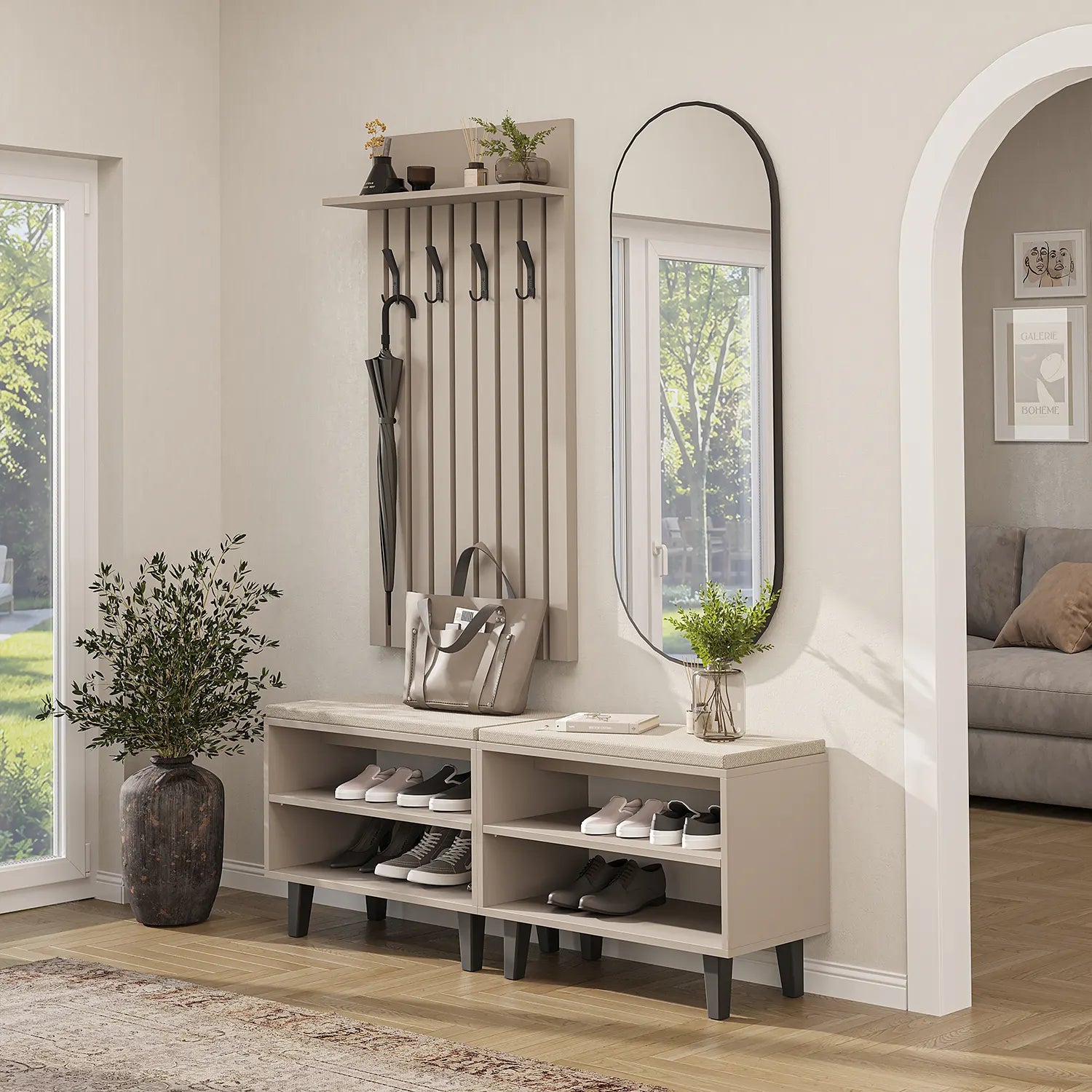 Nord Kumtaşı Vestiyer Takımı Lambri Askılıklı, Bench, Modüler, Oval Aynalı Portmanto Takım