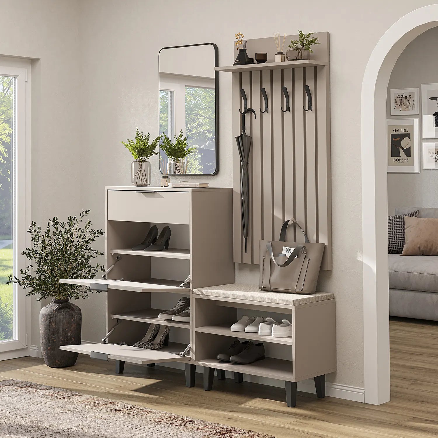 Roomart Nord kumtaşı lambri askılıklı kapaksız çekmeceli benchli ve aynalı modüler vestiyer takımı,
Nord ahşap lambri panelli duvara monte duvar askılığı vestiyer,
Oturmalı kapaksız bench ayakkabılık ünitesi antre mobilyası,
Dikdörtgen oval tasarımlı duvara asılabilir portmanto aynası 