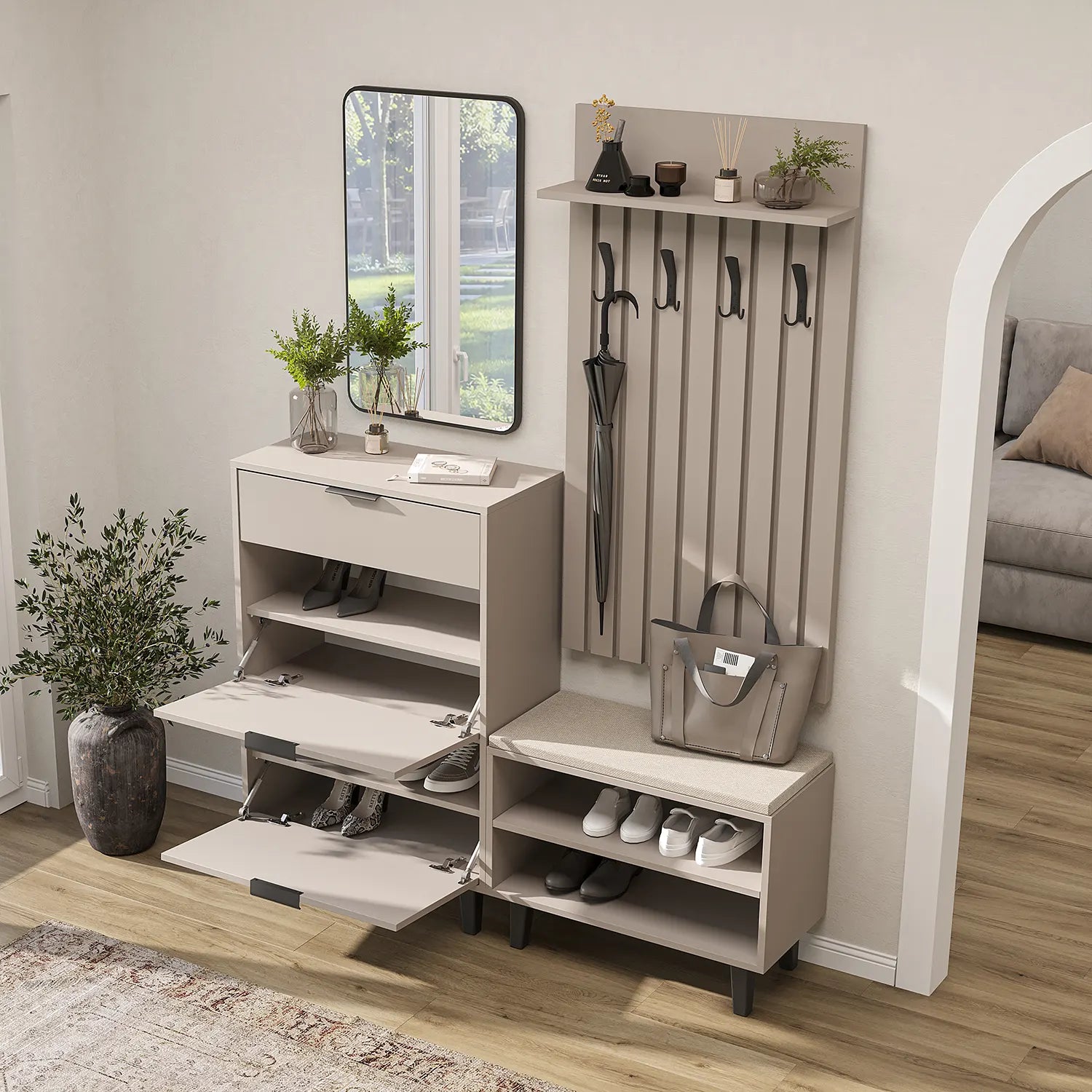 Roomart Nord kumtaşı lambri askılıklı kapaksız çekmeceli benchli ve aynalı modüler vestiyer takımı,
Nord ahşap lambri panelli duvara monte duvar askılığı vestiyer,
Oturmalı kapaksız bench ayakkabılık ünitesi antre mobilyası,
Dikdörtgen oval tasarımlı duvara asılabilir portmanto aynası 