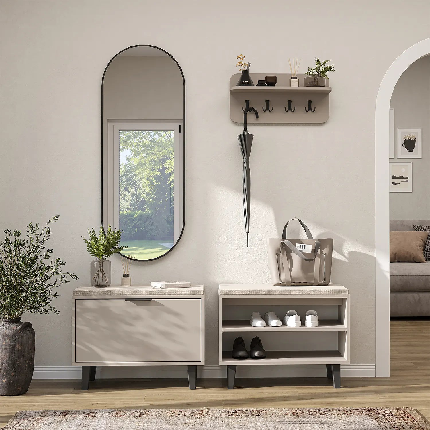 Roomart Nord kumtaşı askılıklı  kapaklı kapaksız benchli ve aynalı modüler vestiyer takımı,
Nord ahşap lambri panelli duvara monte duvar askılığı vestiyer,
Oturmalı kapaksız bench ayakkabılık ünitesi antre mobilyası,
Dikdörtgen oval tasarımlı duvara asılabilir portmanto aynası