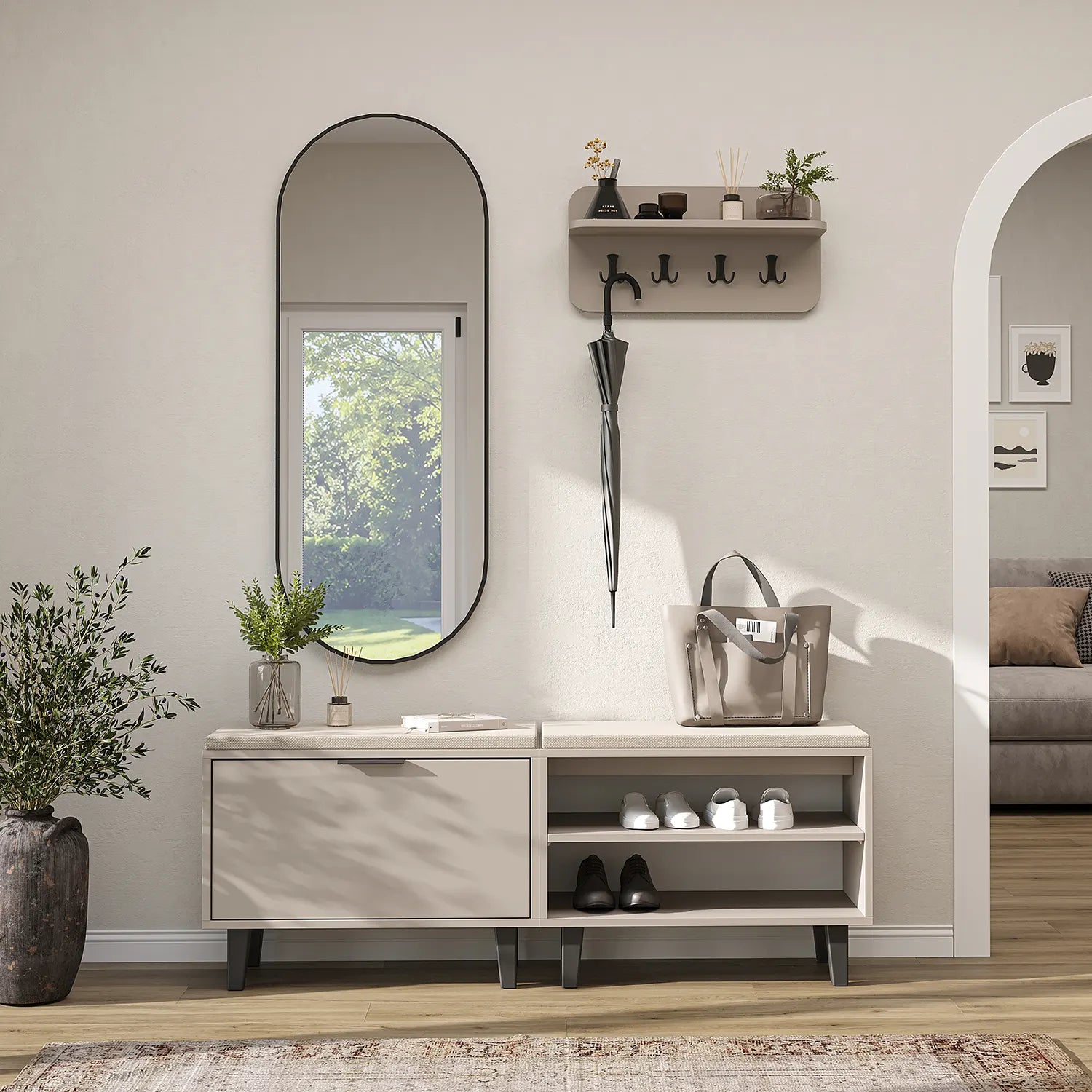 Roomart Nord kumtaşı askılıklı  kapaklı kapaksız benchli ve aynalı modüler vestiyer takımı,
Nord ahşap lambri panelli duvara monte duvar askılığı vestiyer,
Oturmalı kapaksız bench ayakkabılık ünitesi antre mobilyası,
Dikdörtgen oval tasarımlı duvara asılabilir portmanto aynası