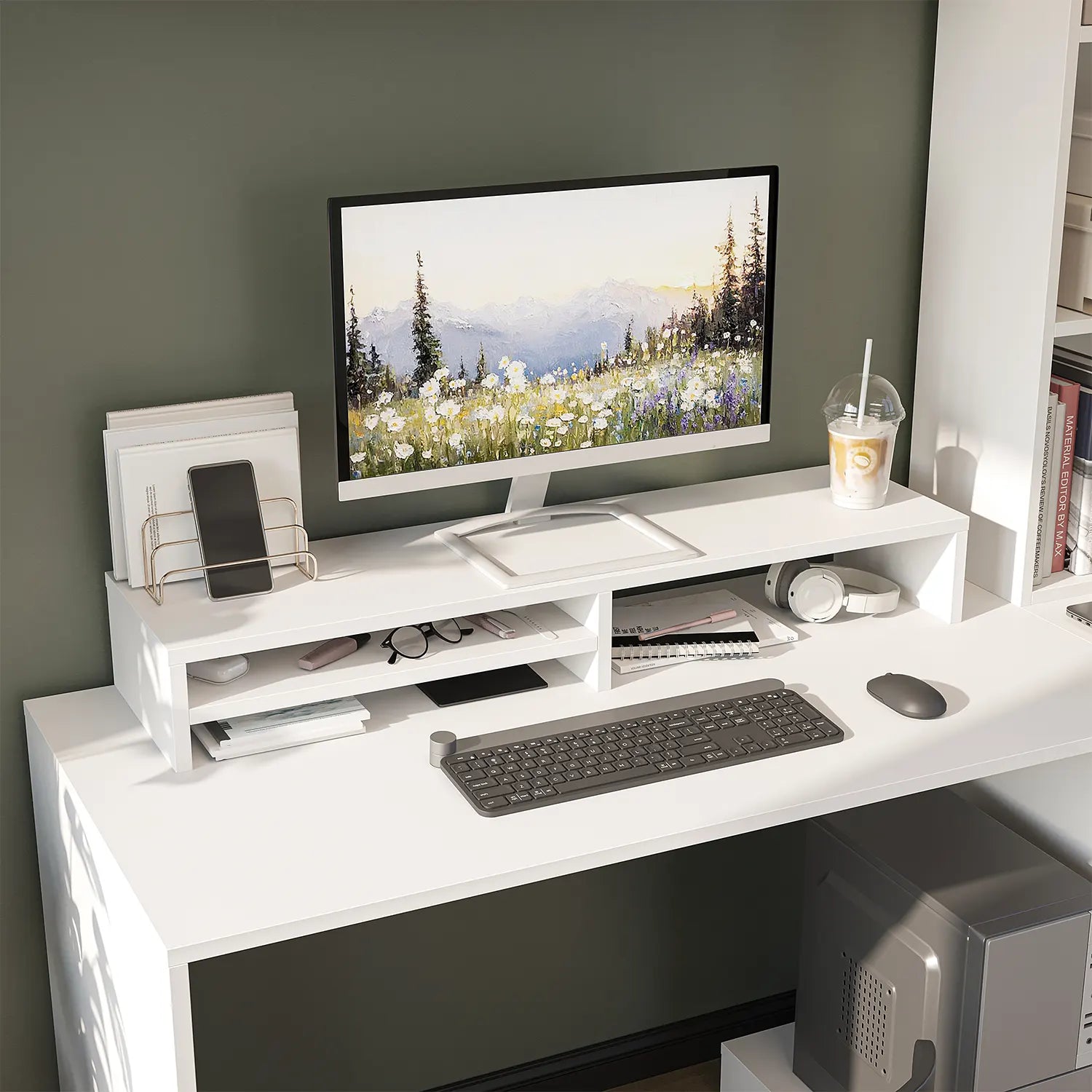 Beyaz Mode Çalışma Masası Raflı Monitör Standı 100 cm üst