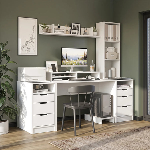 Mode Kitaplıklı ve Raflı Çalışma Masası , Raflı Monitör Standlı Çalışma Ofis Masası , Bilgisayar Masası, 2 adet 3 Çekmeceli Kesonlu Çalışma Masası