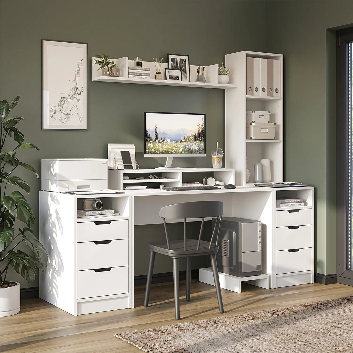 Mode Kitaplıklı ve Raflı Çalışma Masası , Raflı Monitör Standlı Çalışma Ofis Masası , Bilgisayar Masası, 2 adet 3 Çekmeceli Kesonlu Çalışma Masası