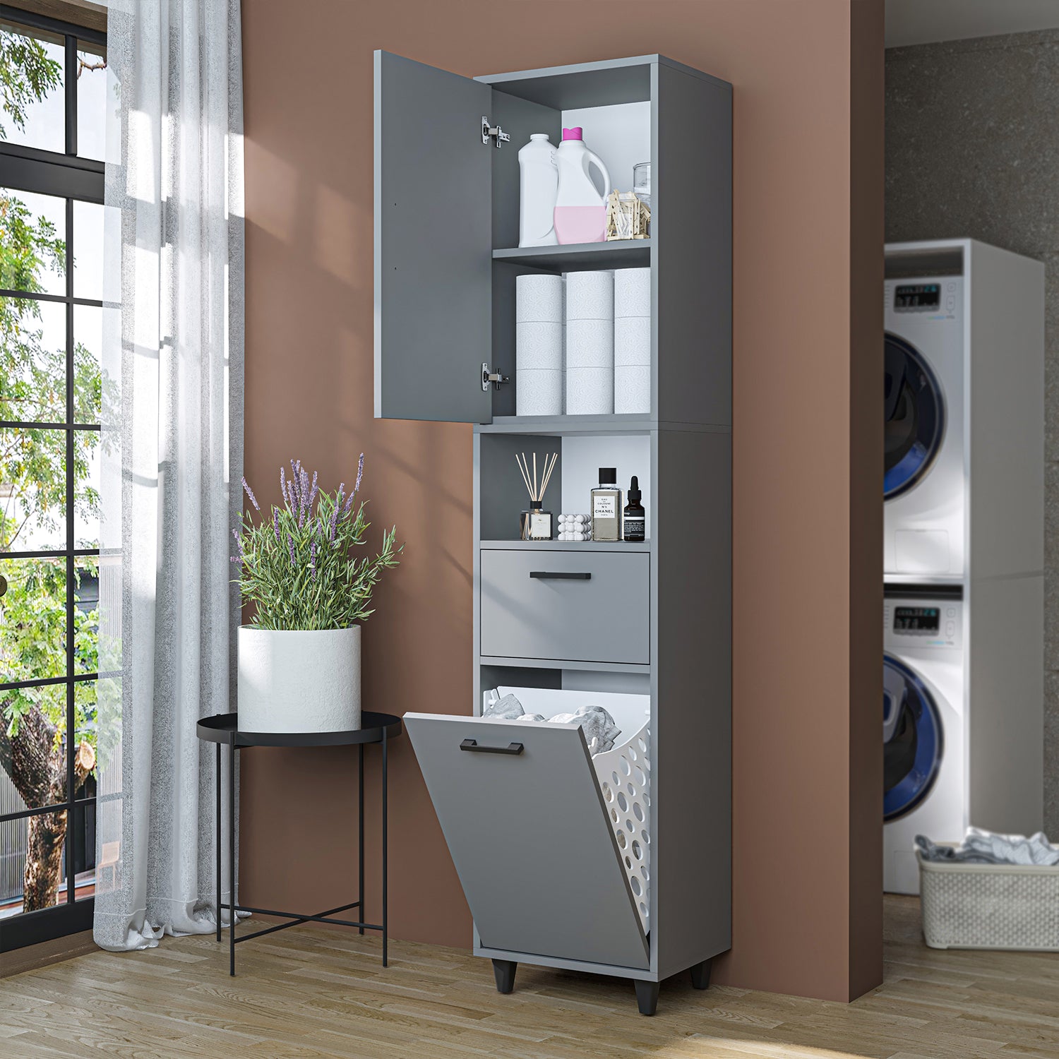 kirli çamaşır sepetli dolap çekmeceli çamaşır sepetli çok amaçlı dolap külgri 45 cm roomart
