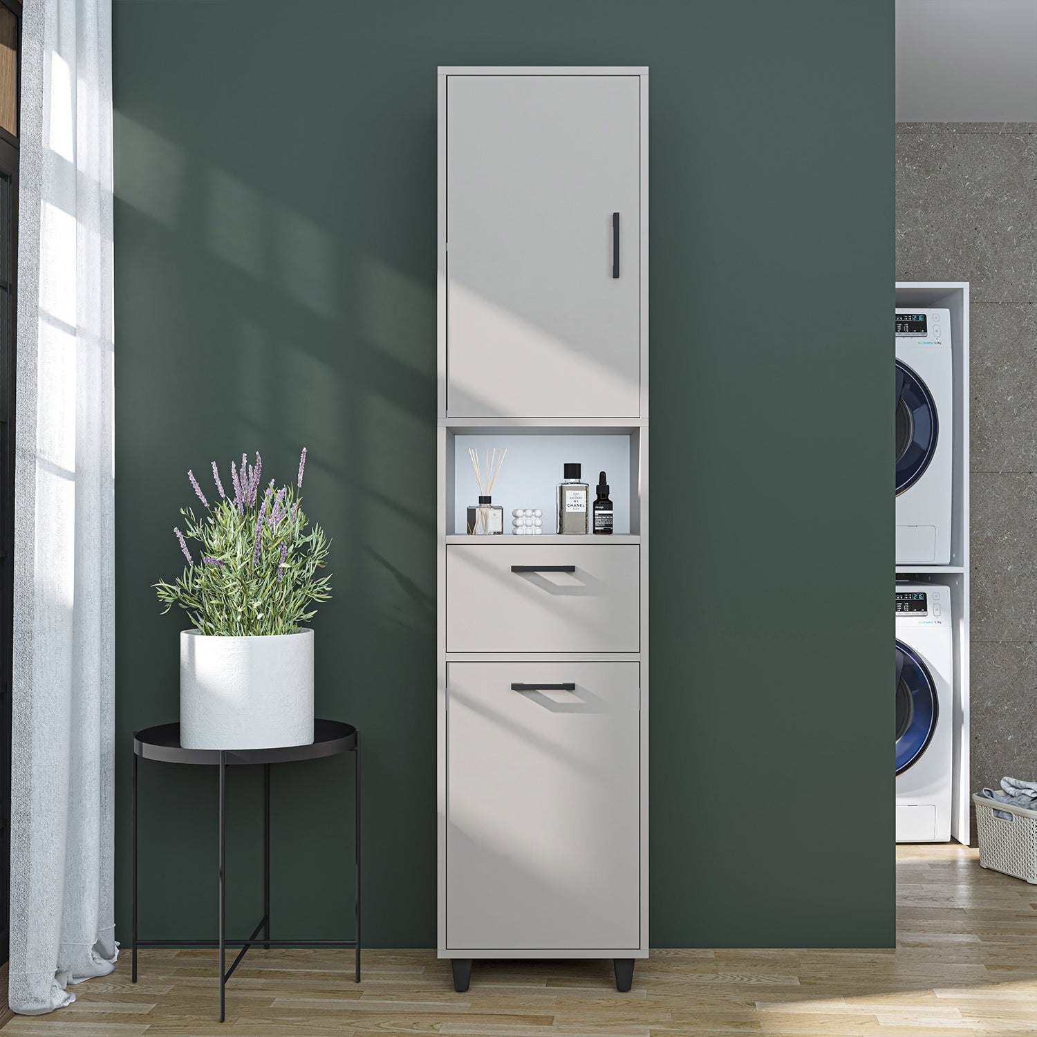 kirli çamaşır sepetli dolap çekmeceli çamaşır sepetli çok amaçlı dolap kumtaşı 45 cm roomart