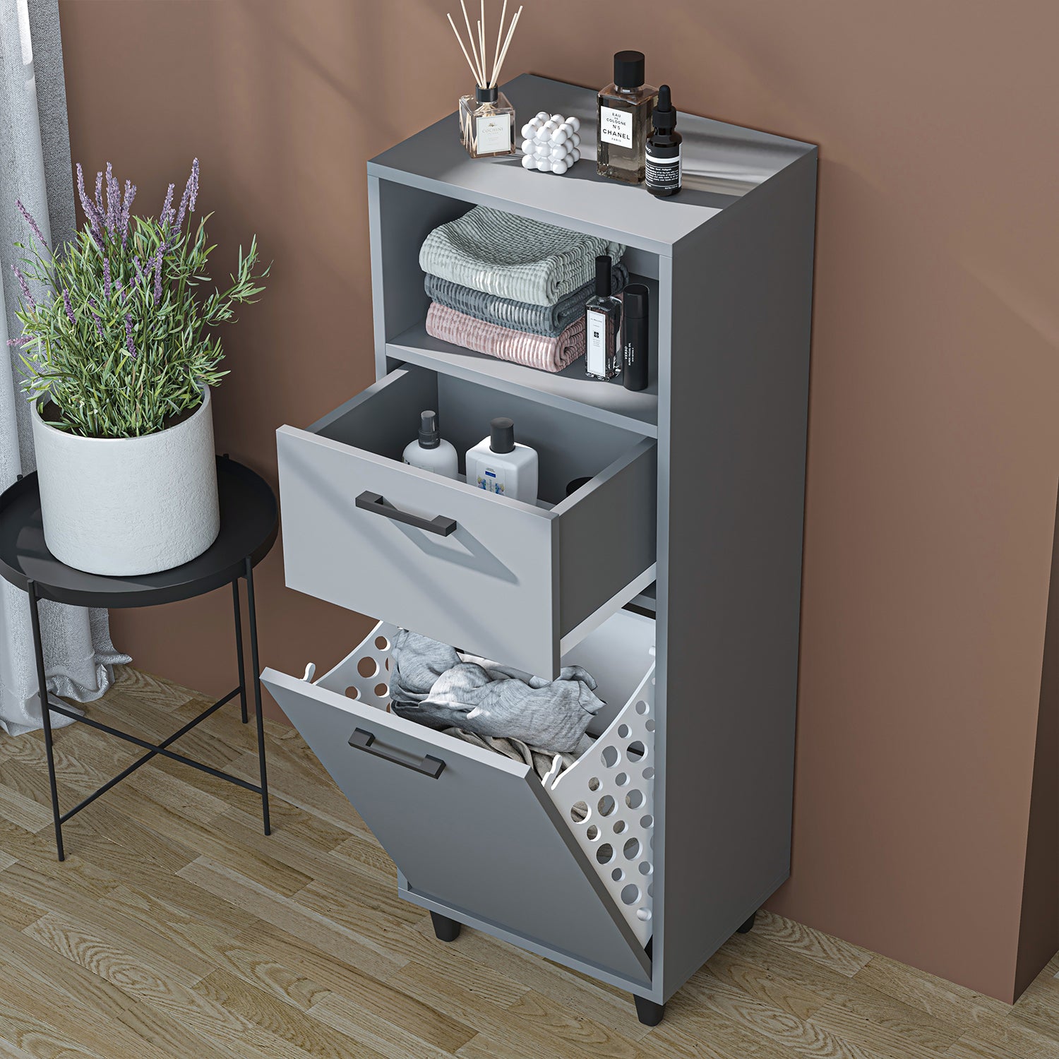 Kirli Çamaşır Sepetli Çekmeceli Banyo Dolabı Çok Amaçlı Dolap külgri 45cm - Rim