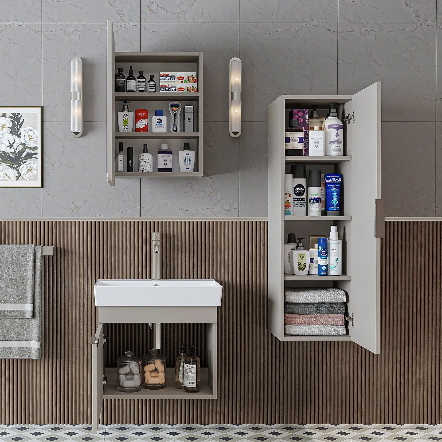 Lavabolu Banyo Dolabı 3lü Set - Likya