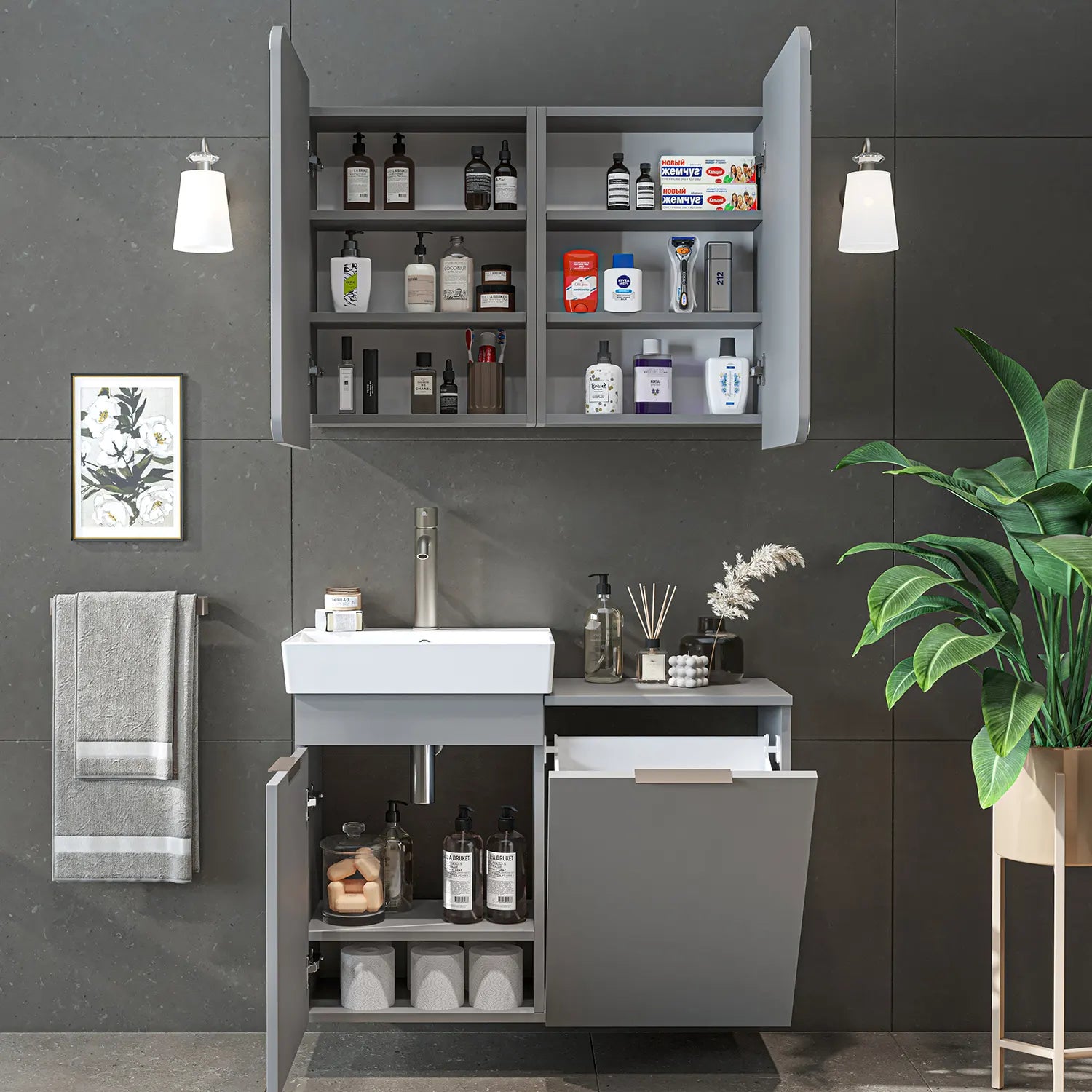 Sepetli Banyo Dolabı 2li Set - Dubai