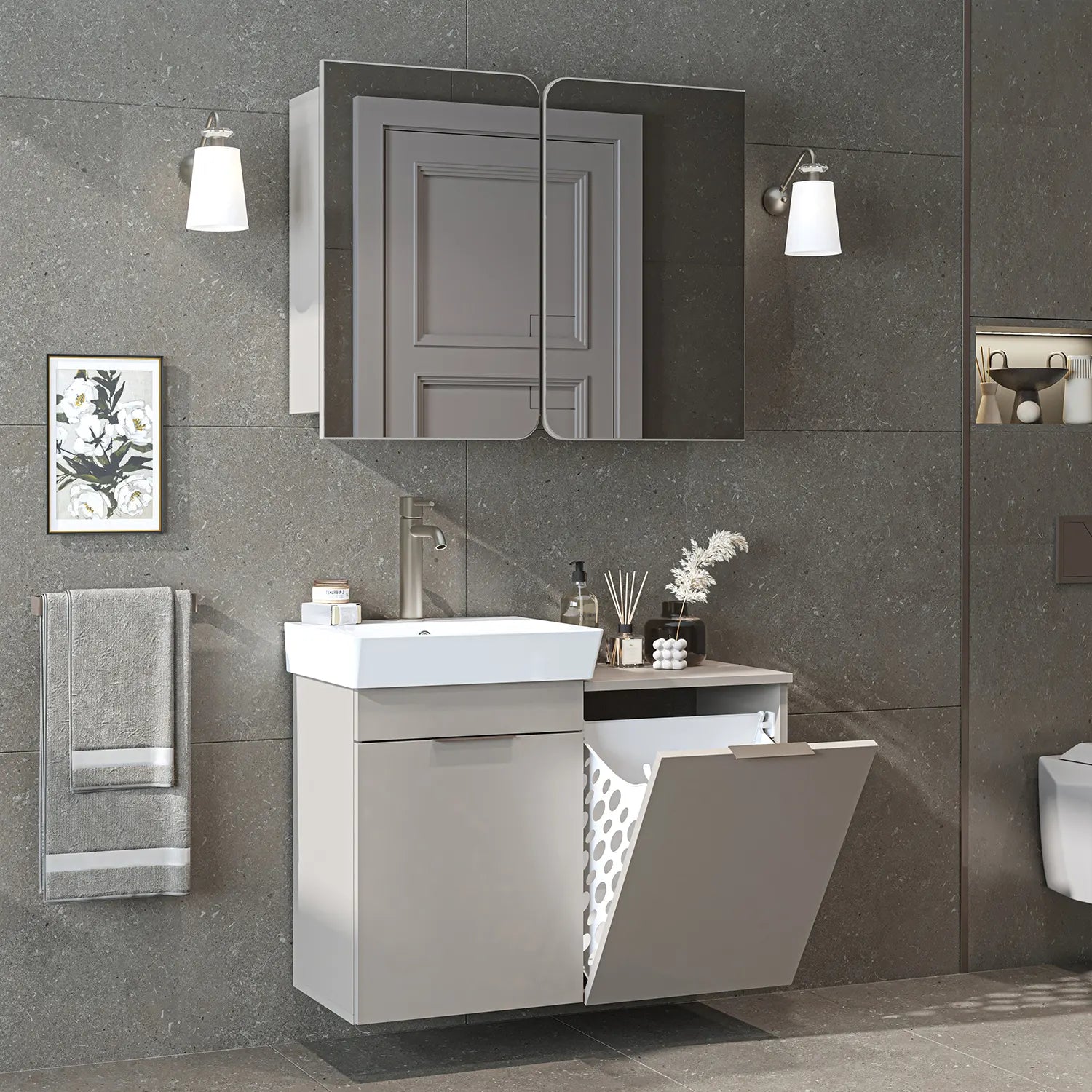 Sepetli Banyo Dolabı 2li Set - Dubai
