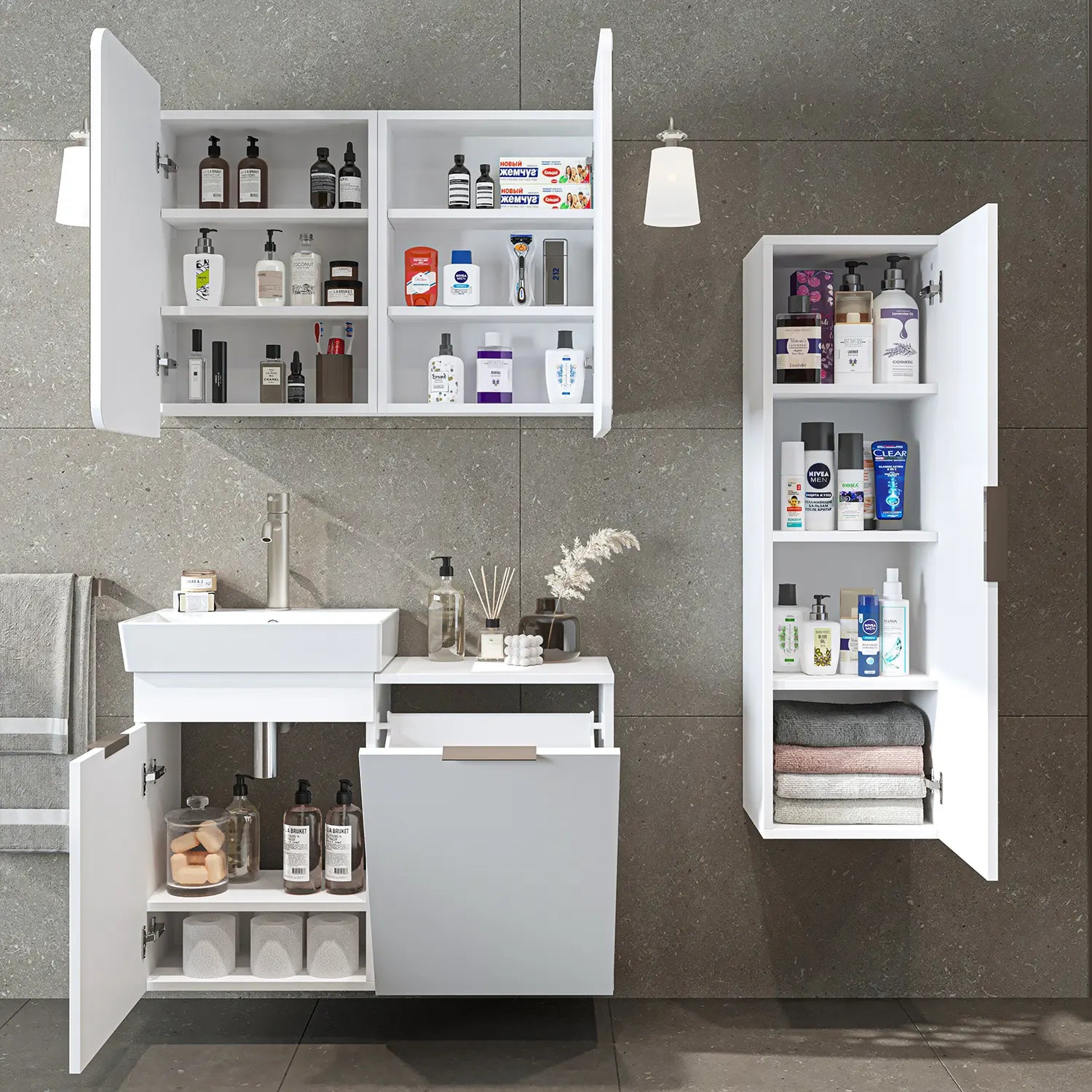 Sepetli Banyo Dolabı 3lü Set - Dubai