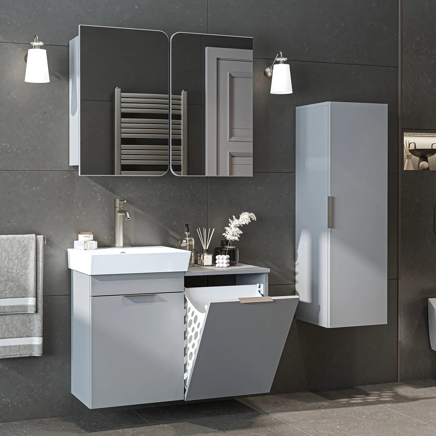 Sepetli Banyo Dolabı 3lü Set - Dubai