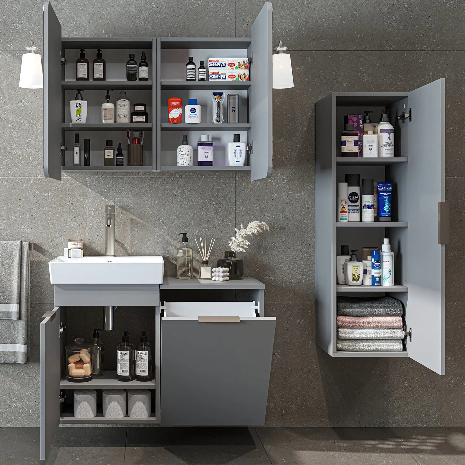 Sepetli Banyo Dolabı 3lü Set - Dubai