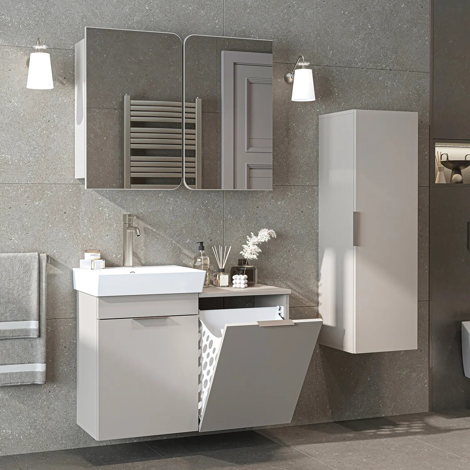 Sepetli Banyo Dolabı 3lü Set - Dubai