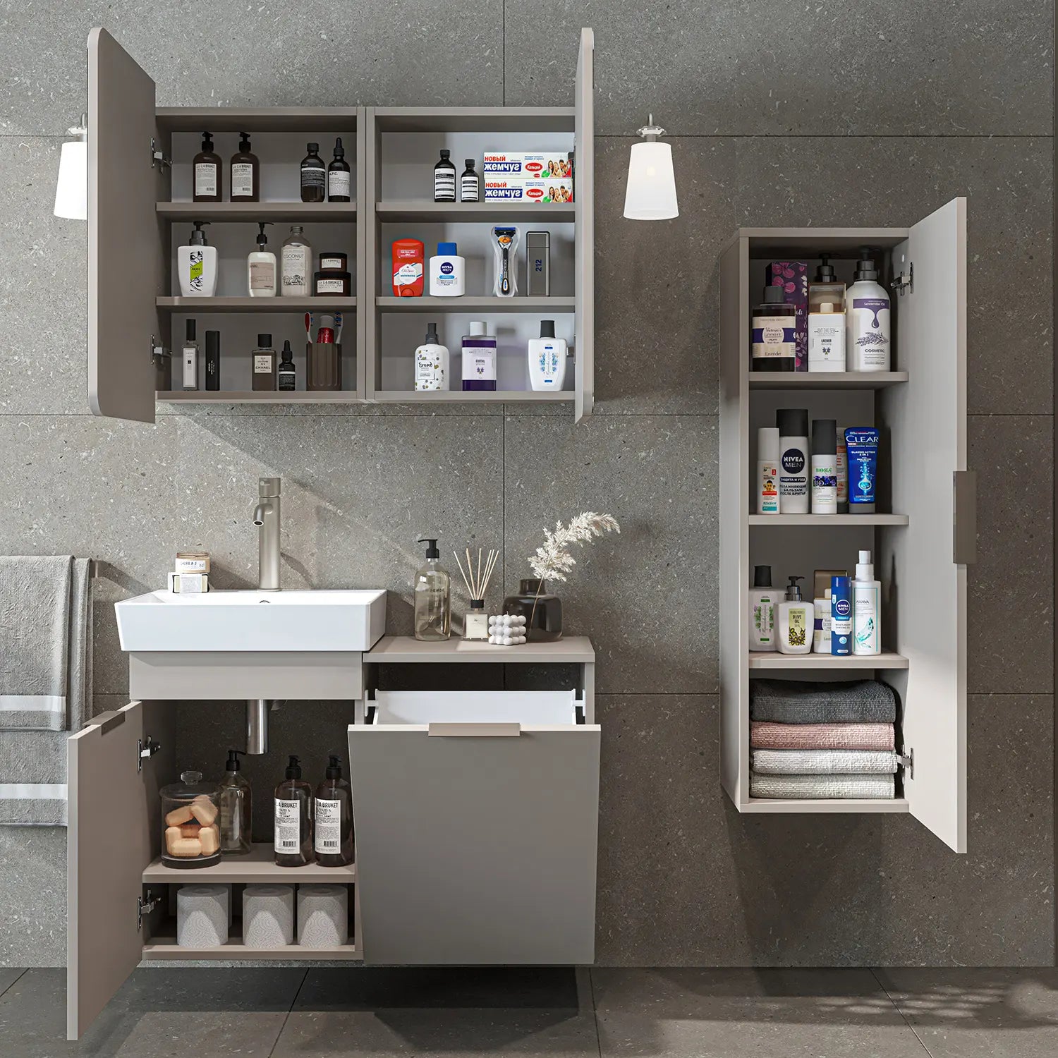 Sepetli Banyo Dolabı 3lü Set - Dubai