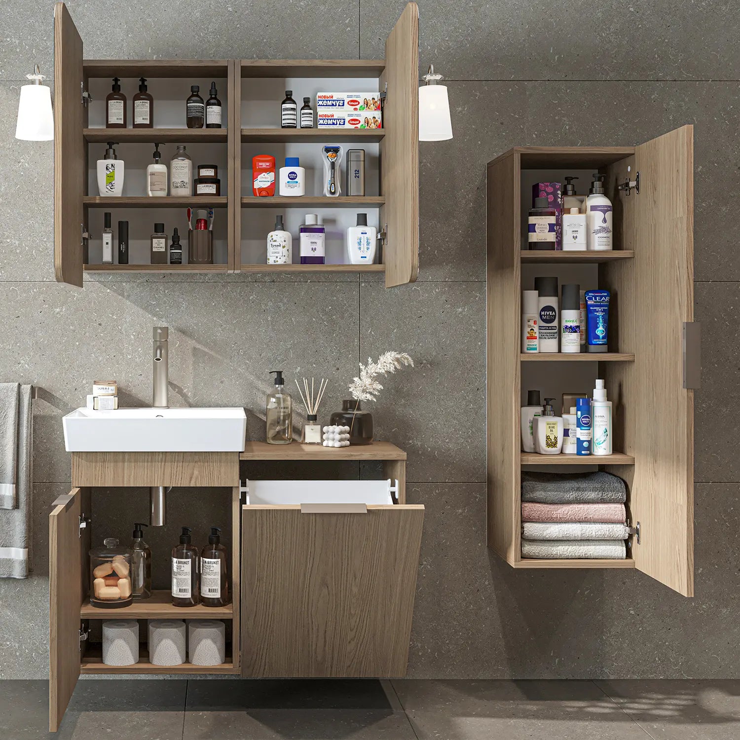 Sepetli Banyo Dolabı 3lü Set - Dubai