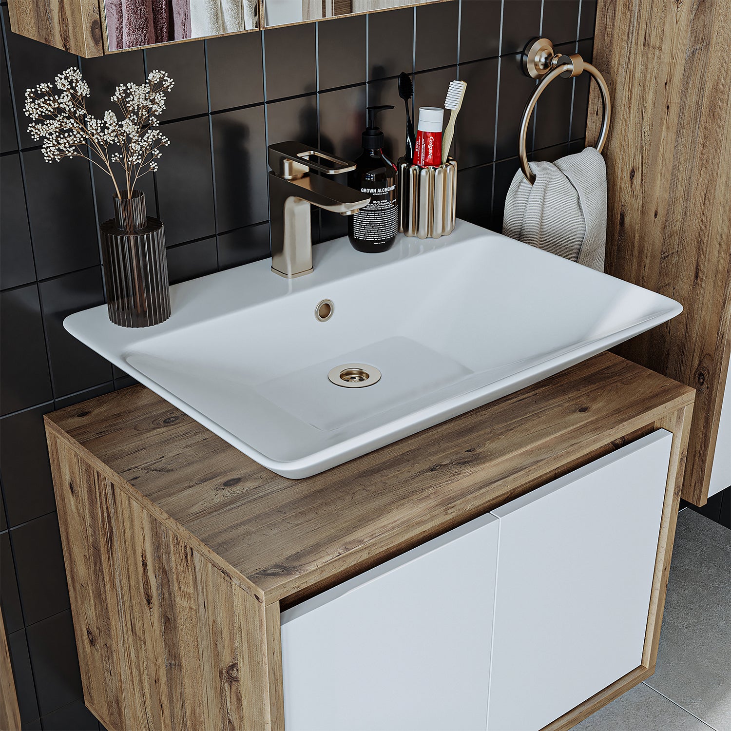 banyo dolabı roomart lavabolu atlantic seri 65 cm ahşap beyaz kapaklı alt dolap