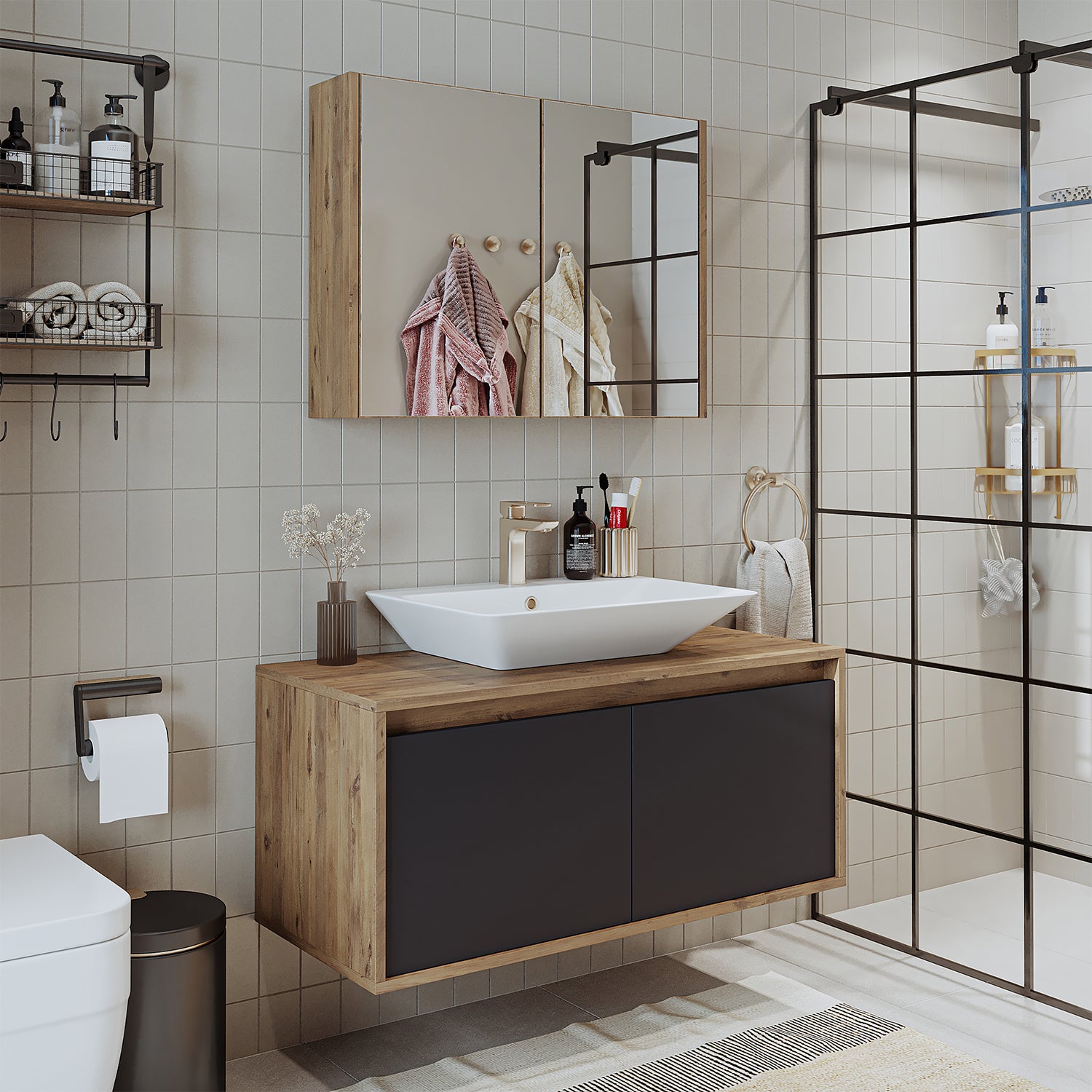 banyo dolabı roomart lavabolu atlantic seri 100 cm ahşap antrasit aynalı kapaklı banyo dolabı takımı