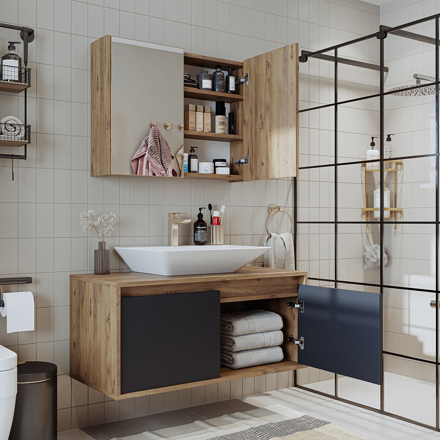 banyo dolabı roomart lavabolu atlantic seri 100 cm ahşap antrasit aynalı kapaklı banyo dolabı takımı