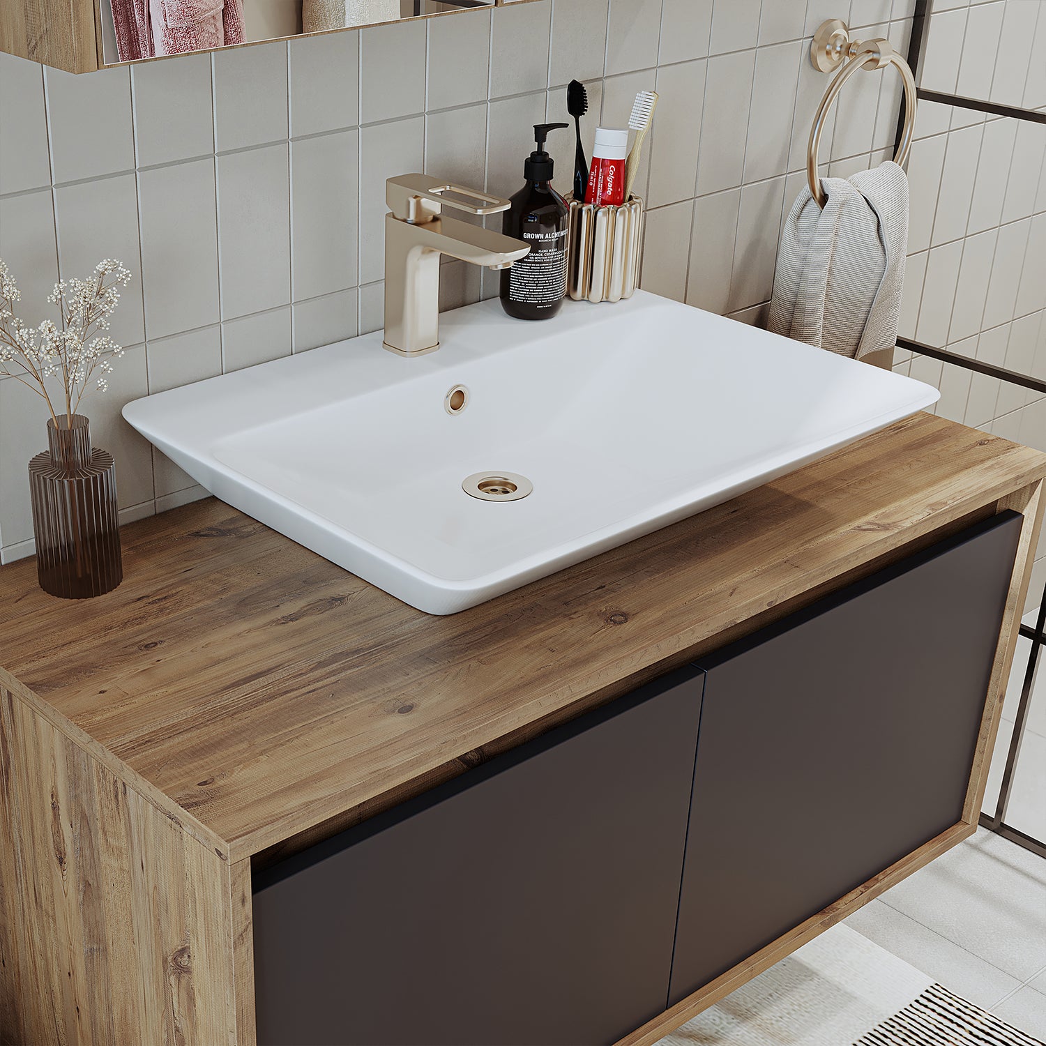 banyo dolabı roomart lavabolu atlantic seri 100 cm ahşap antrasit aynalı kapaklı banyo dolabı takımı