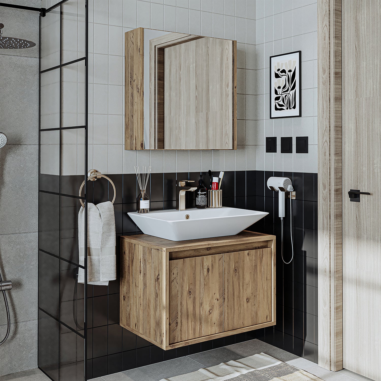 banyo dolabı roomart lavabolu atlantic seri 65 cm ahşap aynalı kapaklı banyo dolabı takımı
