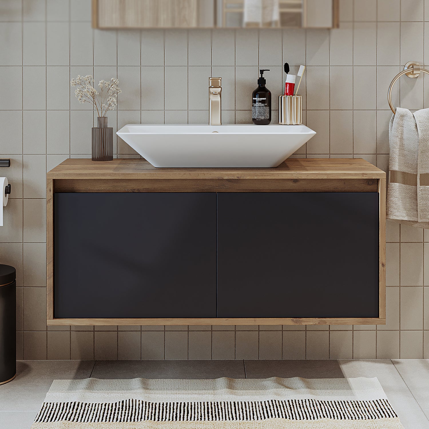 banyo dolabı roomart lavabolu atlantic seri 100 cm ahşap antrasit kapaklı alt dolap