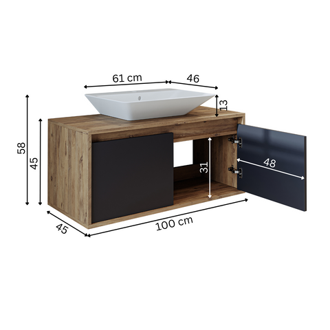 banyo dolabı roomart lavabolu atlantic seri 100 cm ahşap antrasit kapaklı alt dolap