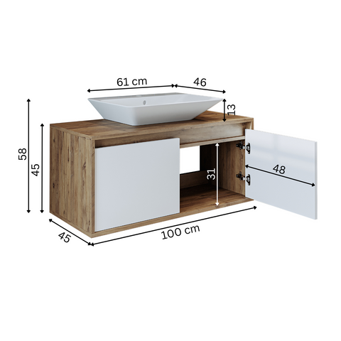 banyo dolabı roomart lavabolu atlantic seri 100 cm ahşap beyaz kapaklı alt dolap