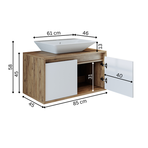 banyo dolabı roomart lavabolu atlantic seri 85 cm ahşap beyaz kapaklı alt dolap