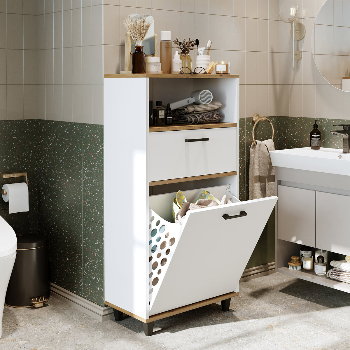 Kirli Çamaşır Sepetli Çekmeceli Banyo Dolabı Çok Amaçlı Dolap - Rim