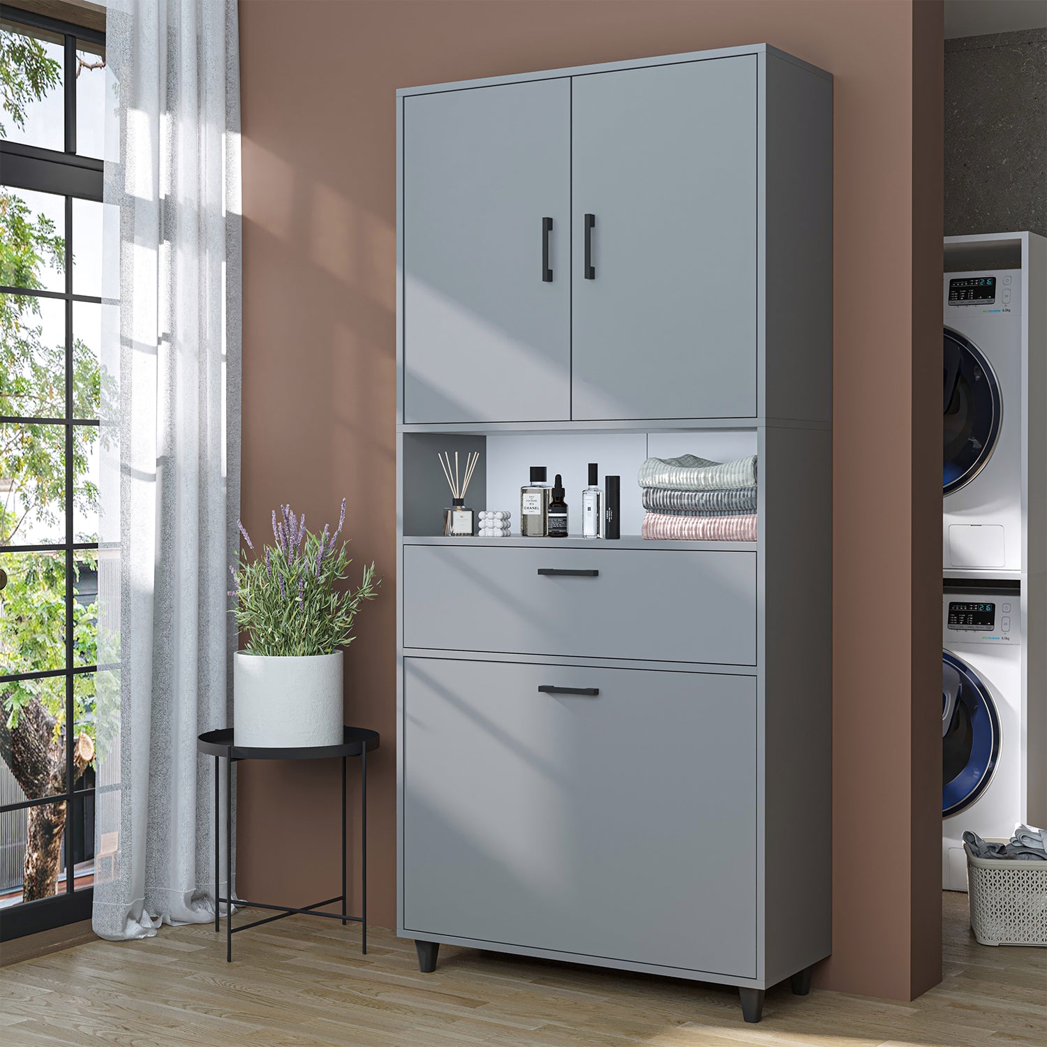 kirli çamaşır sepetli dolap çekmeceli çamaşır sepetli çok amaçlı dolap külgri 90 cm roomart