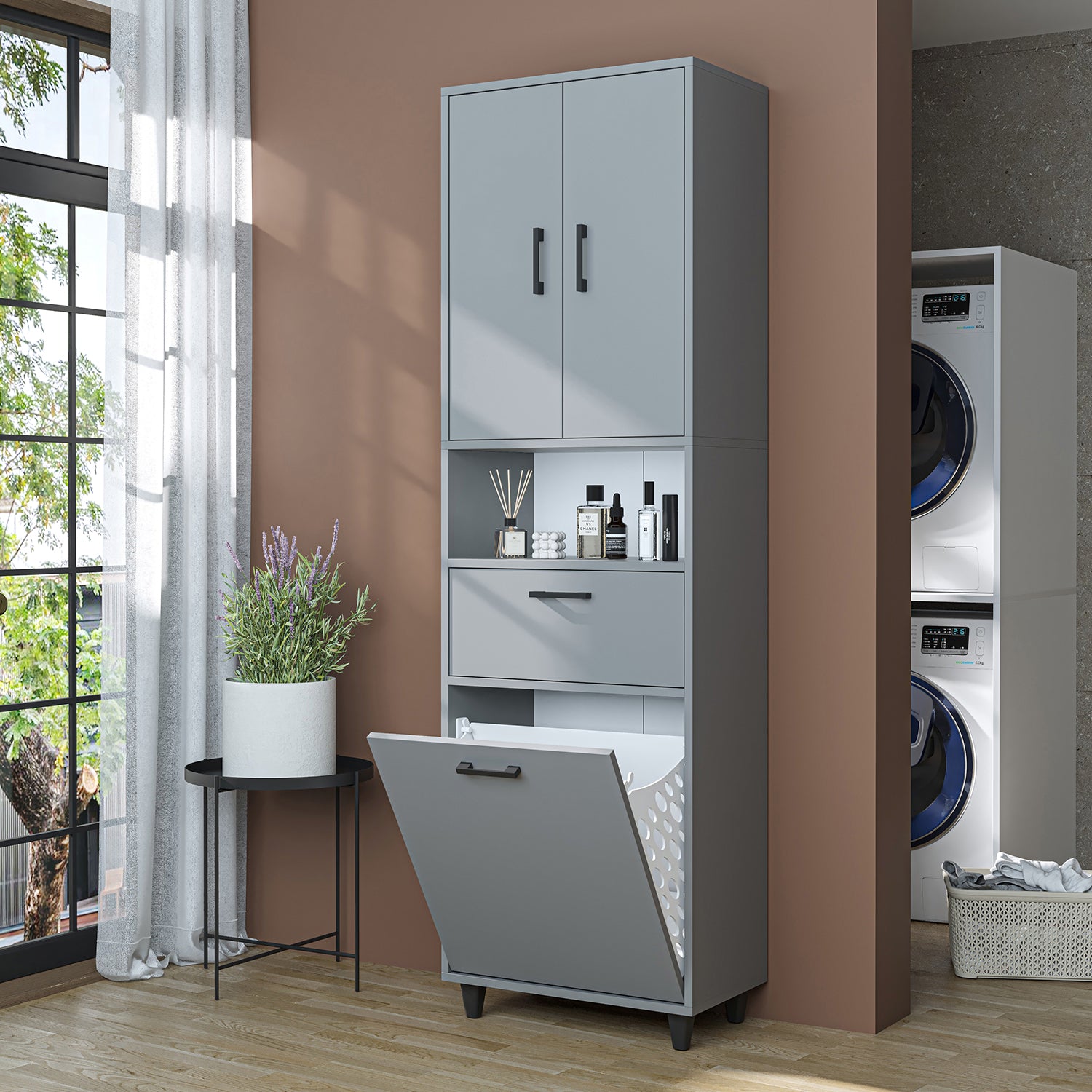 kirli çamaşır sepetli dolap çekmeceli çamaşır sepetli çok amaçlı dolap külgri 60 cm roomart
